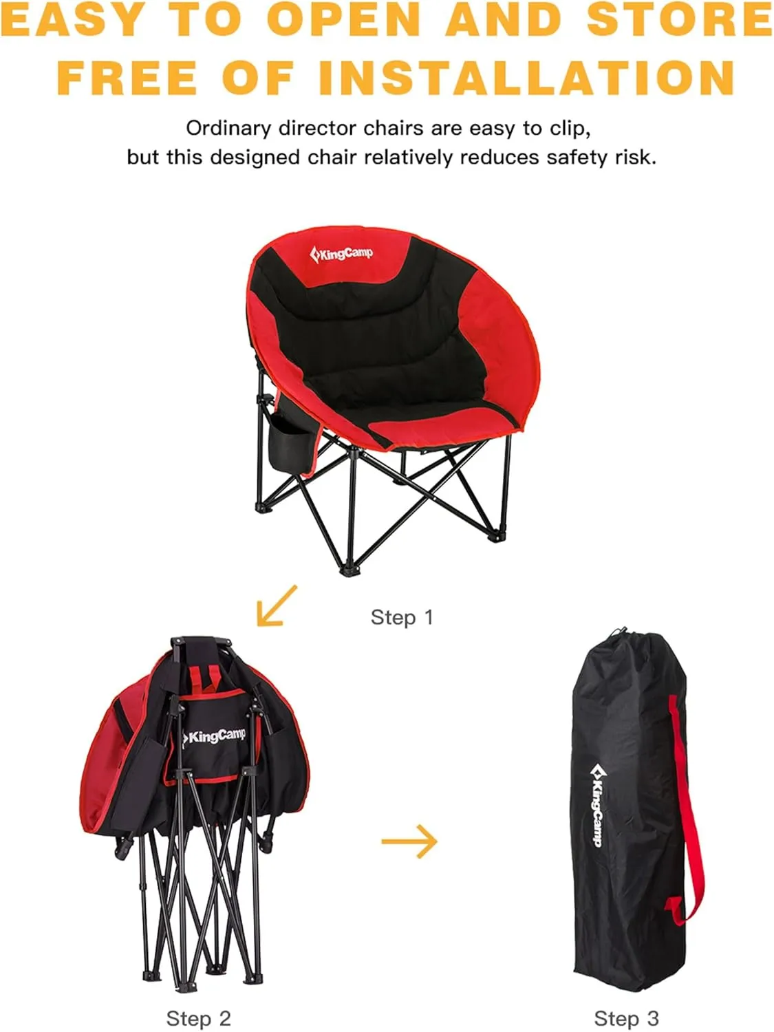 KingCamp 2 Pack Foldable Saucer Moon Lounge Chair with Cupholder Storage Pocket for Indoor Home or Outdoor Camping and Tailgating Use, Black/Red