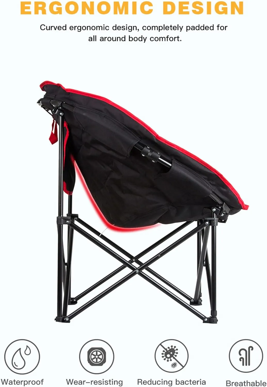 KingCamp 2 Pack Foldable Saucer Moon Lounge Chair with Cupholder Storage Pocket for Indoor Home or Outdoor Camping and Tailgating Use, Black/Red