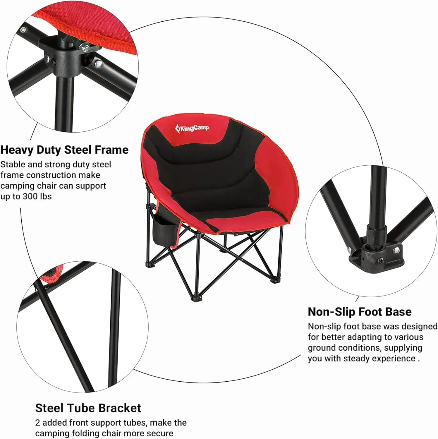 KingCamp 2 Pack Foldable Saucer Moon Lounge Chair with Cupholder Storage Pocket for Indoor Home or Outdoor Camping and Tailgating Use, Black/Red