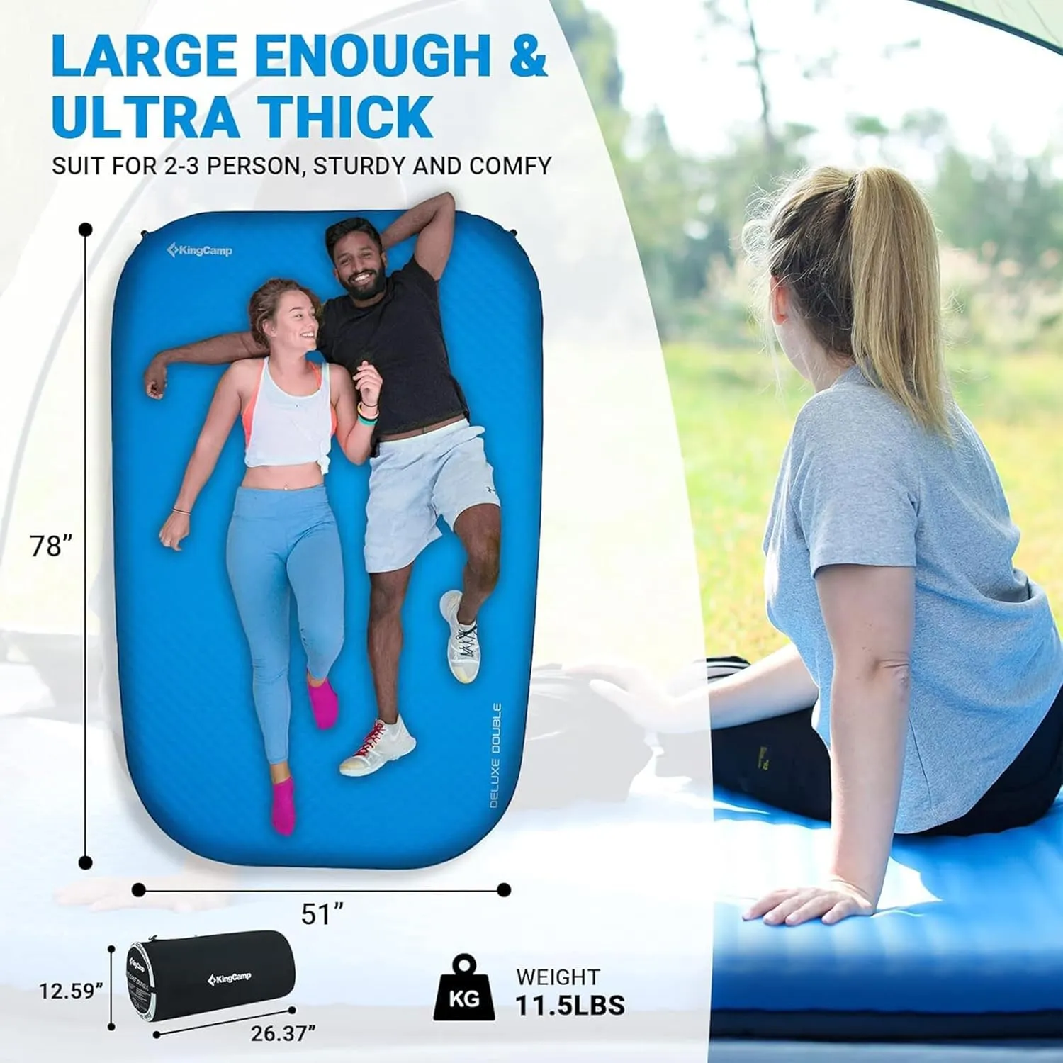 KingCamp Double Sleeping Pad, 2 Person Queen R 7.5 Self Inflating Sleeping Pad 3" Thick Foam Mattress Mat with Contoured Design & Honeycomb Surface Cut for Camping Tent Car Backpacking (BLUE/CHARCOAL)
