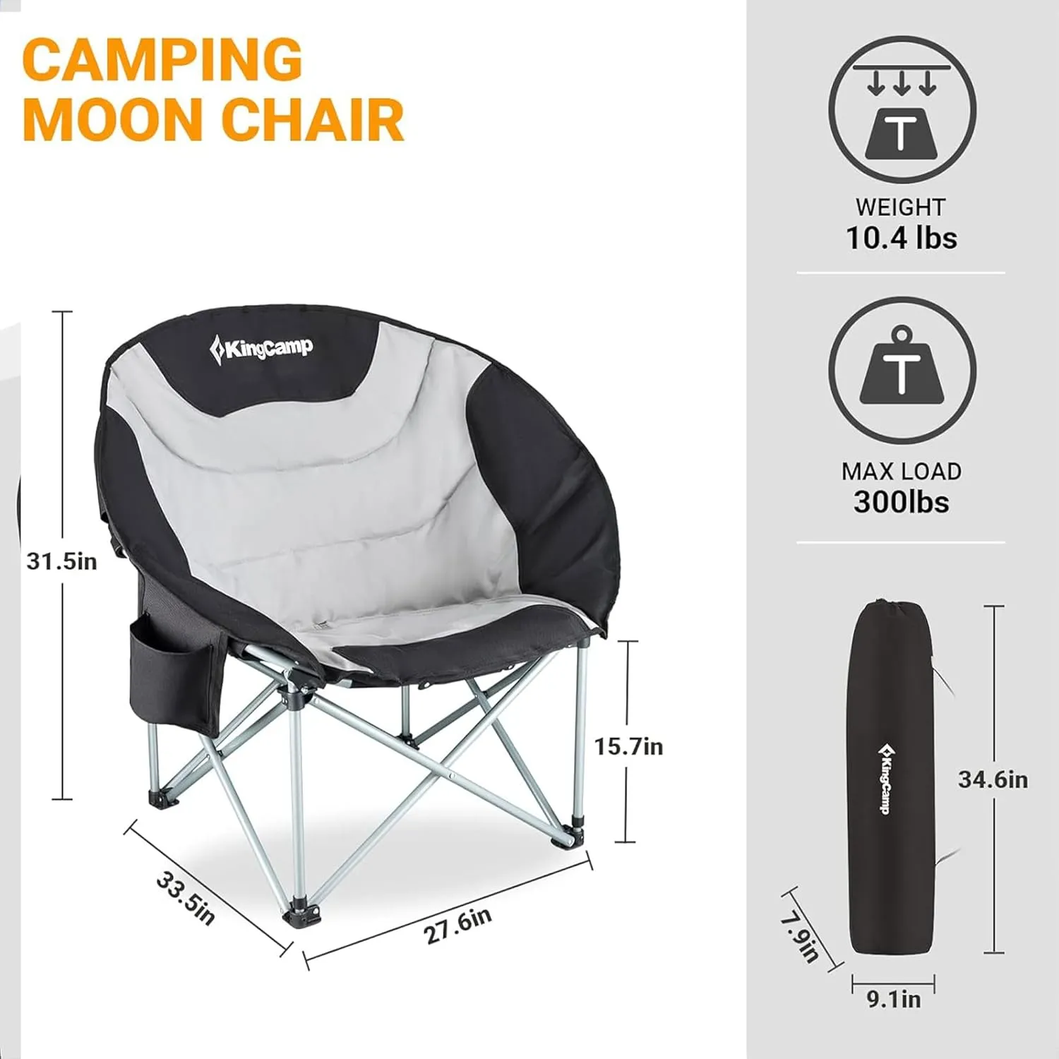 KingCamp Folding Portable Saucer Moon Lounge Chair with Cupholder Storage Pocket for Indoor Home or Outdoor Camping and Tailgating, Black/Medium Gray