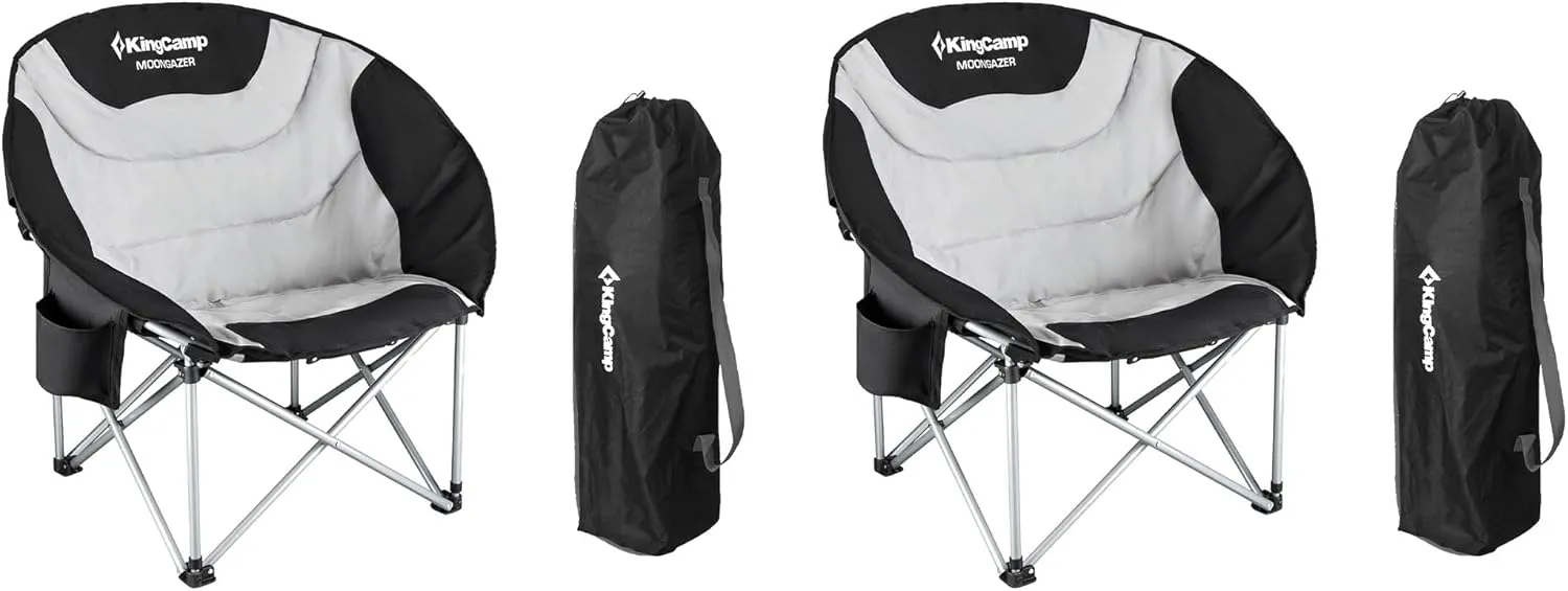 KingCamp Folding Portable Saucer Moon Lounge Chair with Cupholder Storage Pocket for Indoor Home or Outdoor Camping and Tailgating, Black/Medium Gray