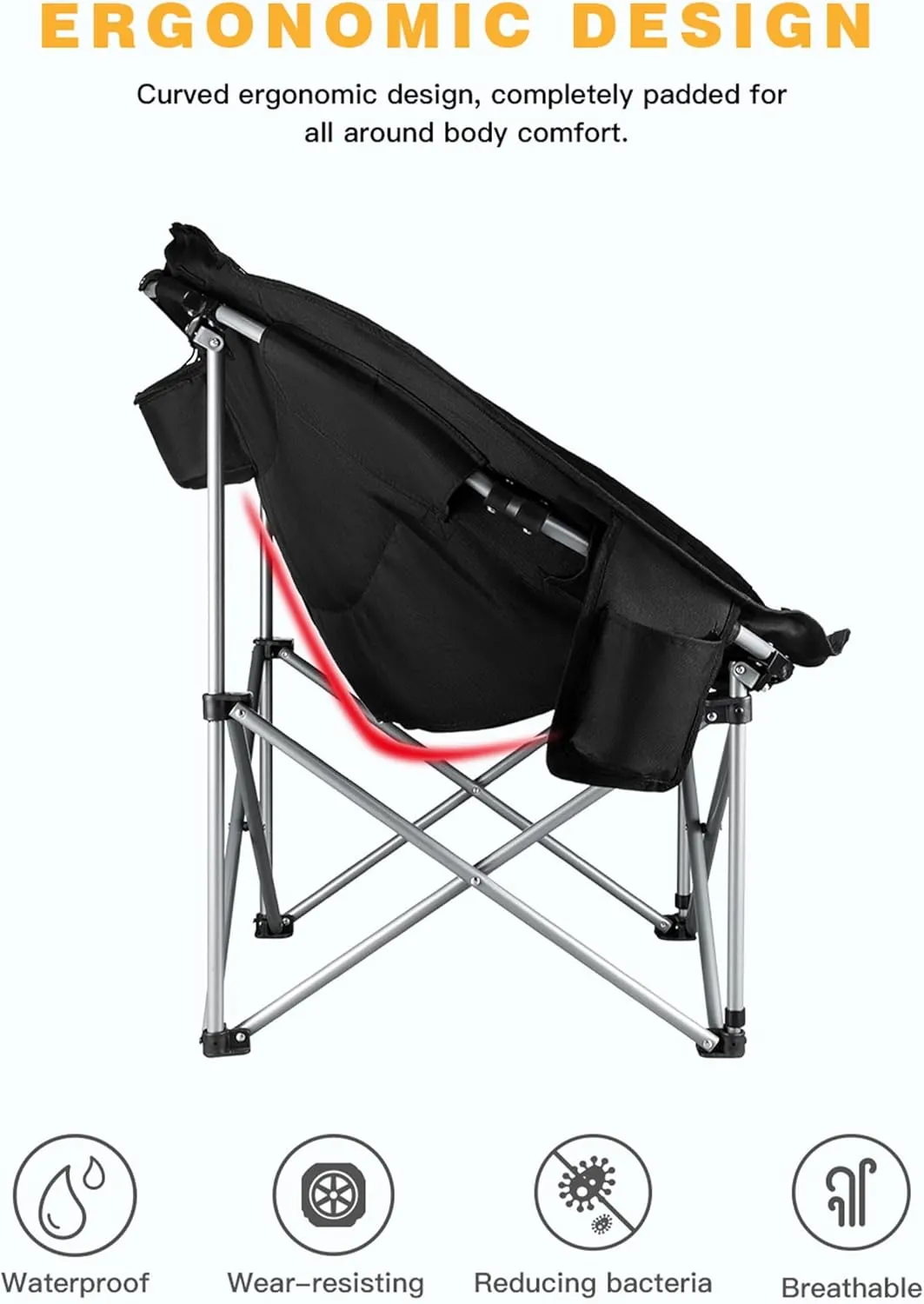 KingCamp Folding Portable Saucer Moon Lounge Chair with Cupholder Storage Pocket for Indoor Home or Outdoor Camping and Tailgating, Black/Medium Gray