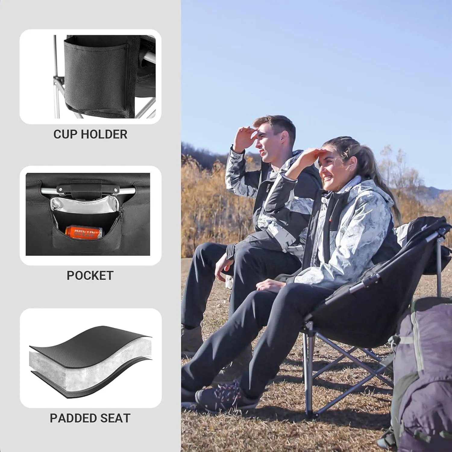 KingCamp Folding Portable Saucer Moon Lounge Chair with Cupholder Storage Pocket for Indoor Home or Outdoor Camping and Tailgating, Black/Medium Gray