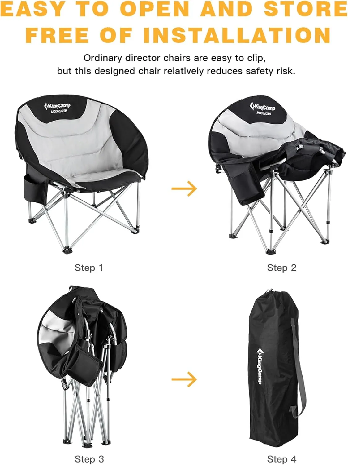 KingCamp Folding Portable Saucer Moon Lounge Chair with Cupholder Storage Pocket for Indoor Home or Outdoor Camping and Tailgating, Black/Medium Gray