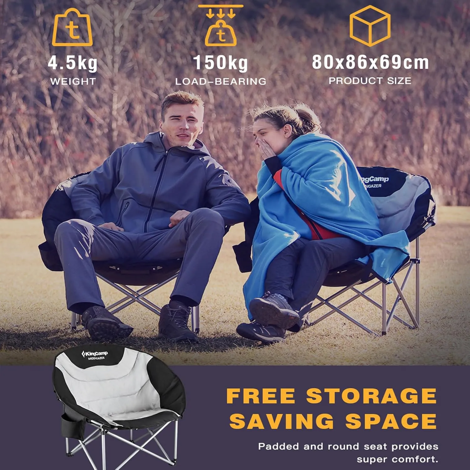 KingCamp Folding Portable Saucer Moon Lounge Chair with Cupholder Storage Pocket for Indoor Home or Outdoor Camping and Tailgating, Black/Medium Gray