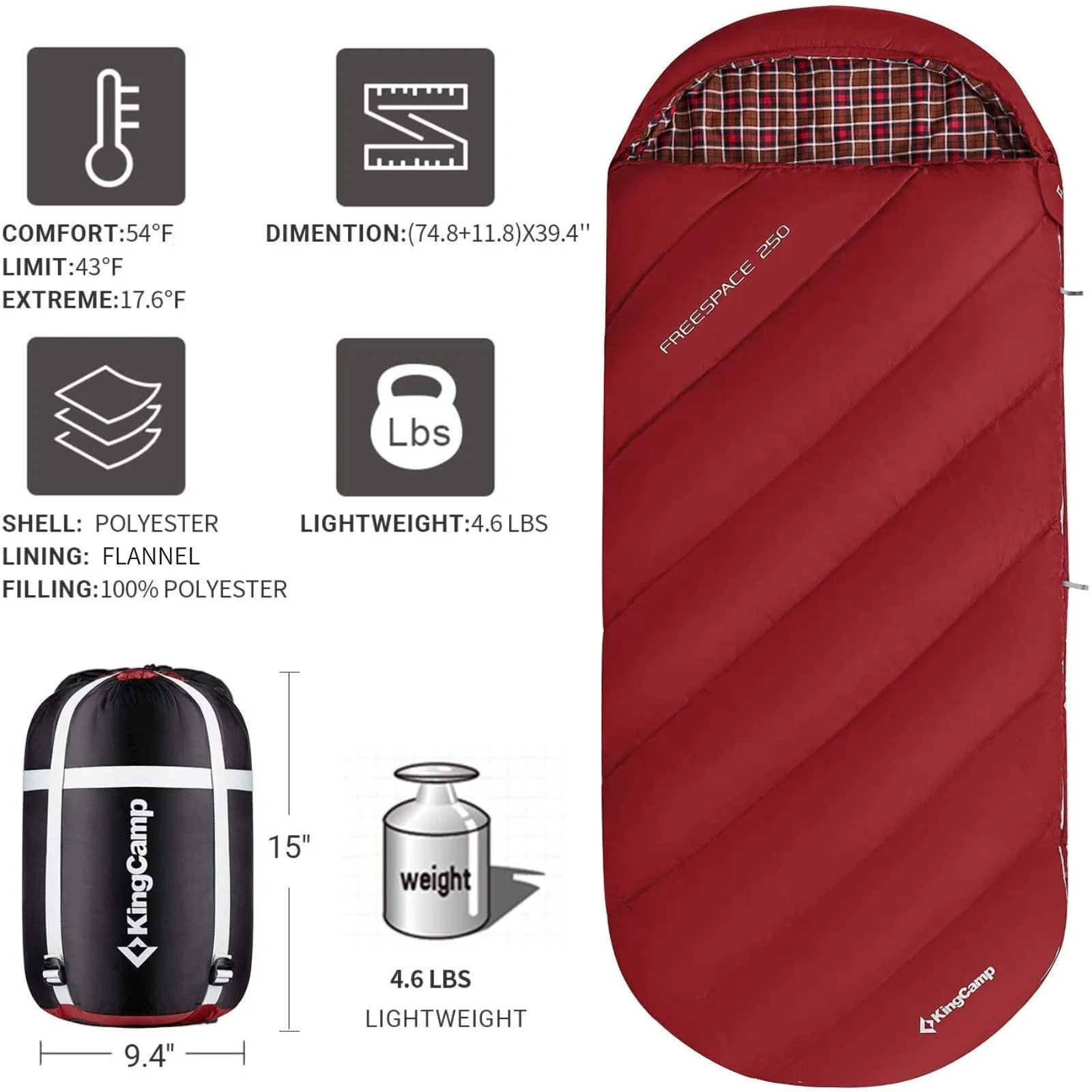 KingCamp FREESPACE 250 3-Season Plus Size Flannel Sleeping Bag