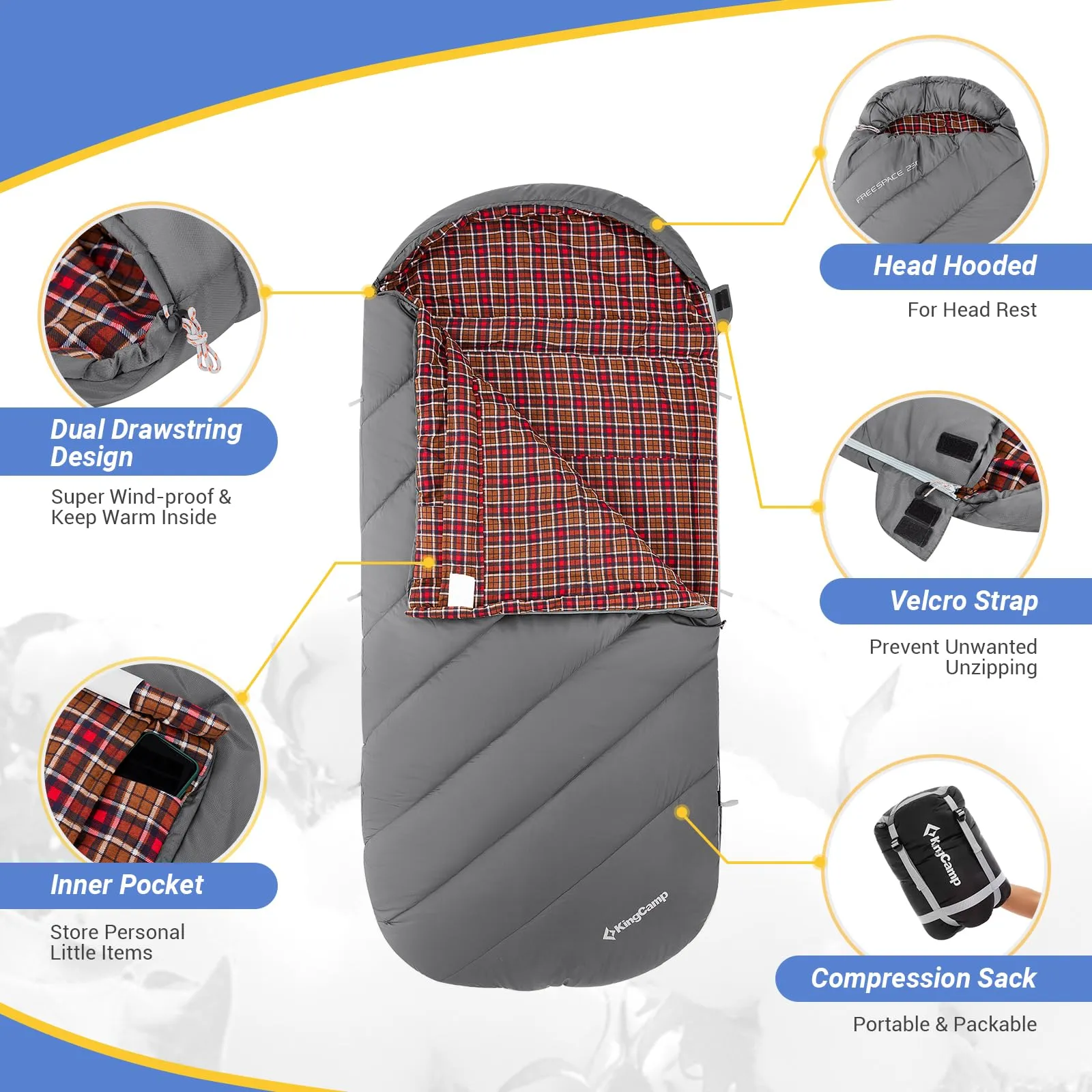 KingCamp FREESPACE 250 3-Season Plus Size Flannel Sleeping Bag