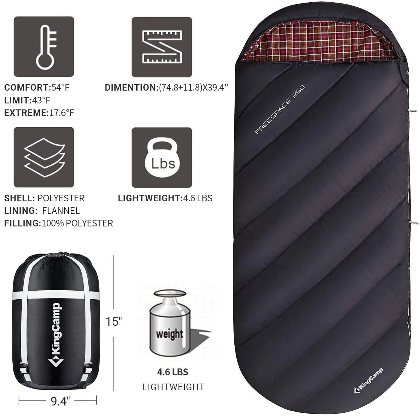 KingCamp FREESPACE 250 3-Season Plus Size Flannel Sleeping Bag