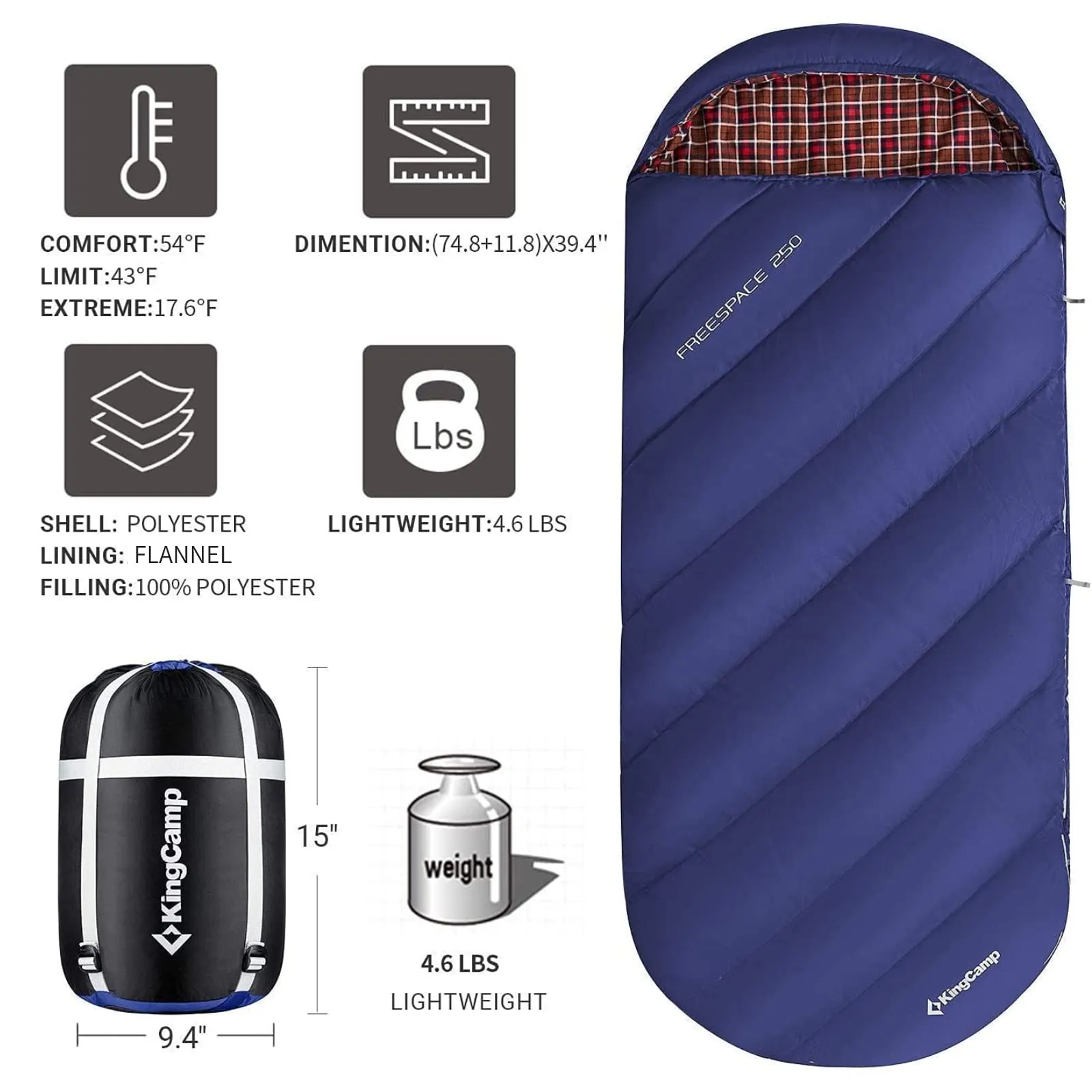 KingCamp FREESPACE 250 3-Season Plus Size Flannel Sleeping Bag