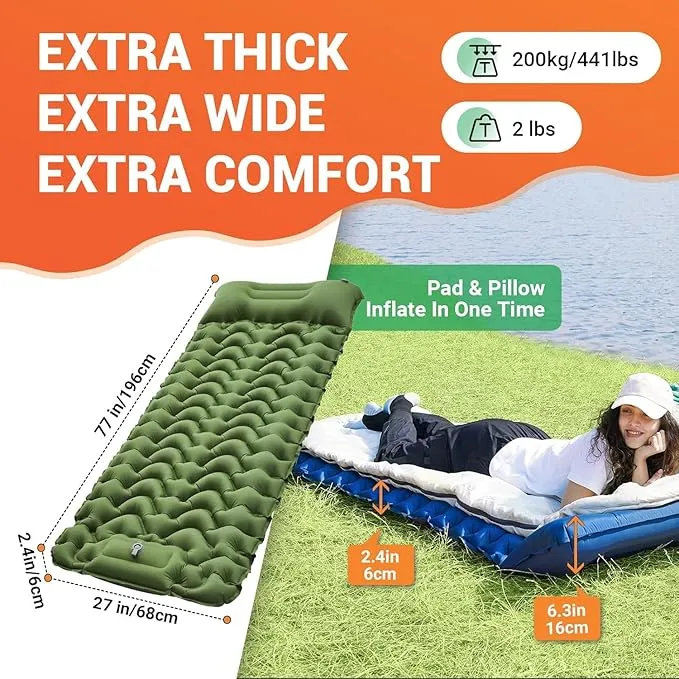 KingCamp Sleeping Pads for Camping, Self Inflating Camping Mattress with Built-in Foot Pump, Connectable Durable Inflatable Sleeping Mat with Pillow, Compact Camping Air Mattress for Camping Hiking