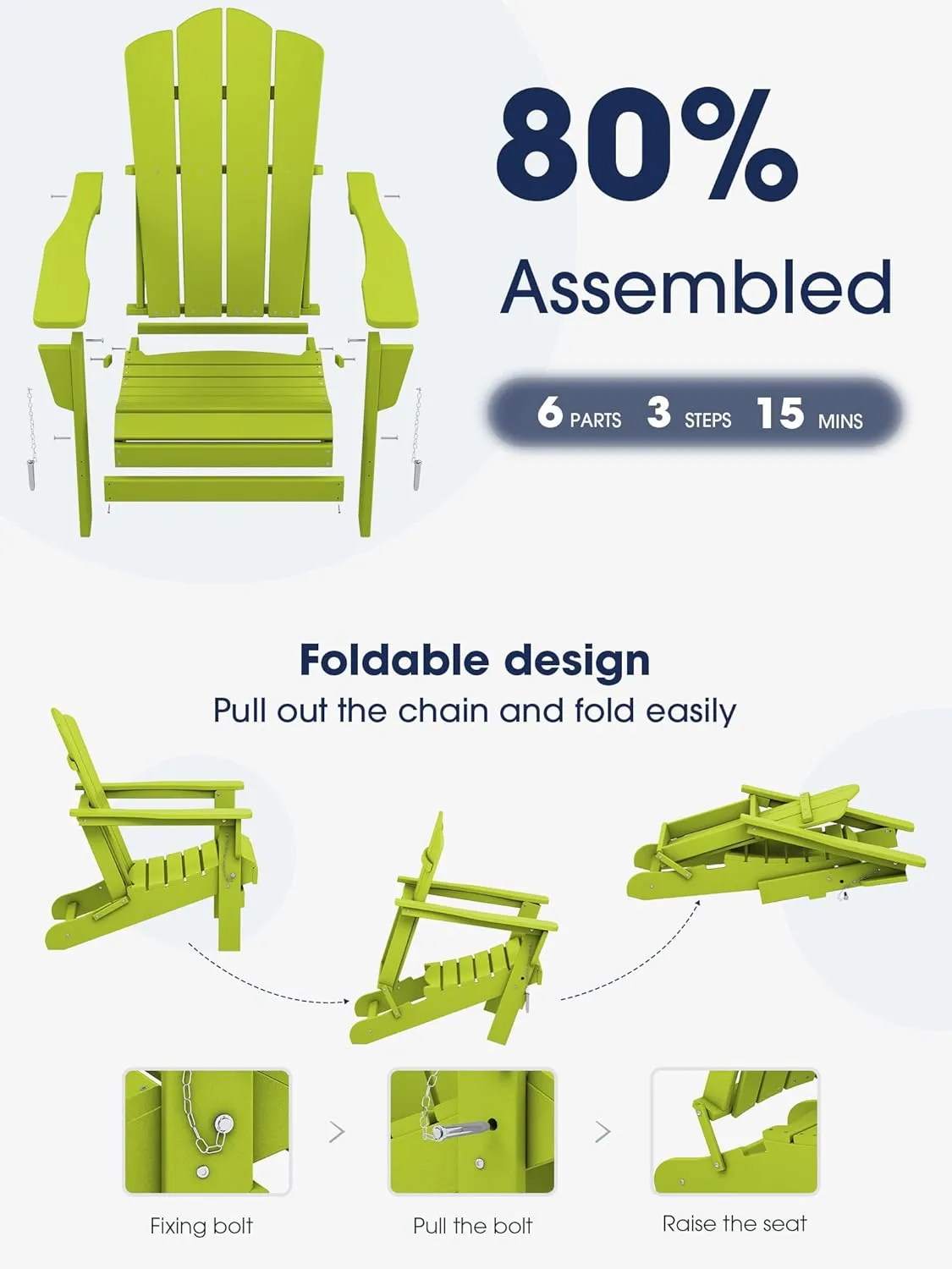 KINGYES Folding Adirondack Chair, HDPE All-Weather Patio Chairs, Wooden Textured Lawn Chair for Poolside, Backyard, Deck, Fire Pit, Apple