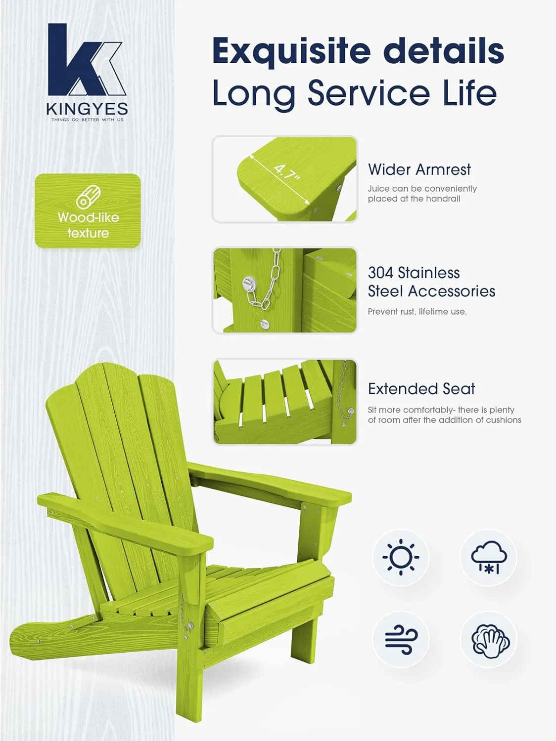 KINGYES Folding Adirondack Chair, HDPE All-Weather Patio Chairs, Wooden Textured Lawn Chair for Poolside, Backyard, Deck, Fire Pit, Apple