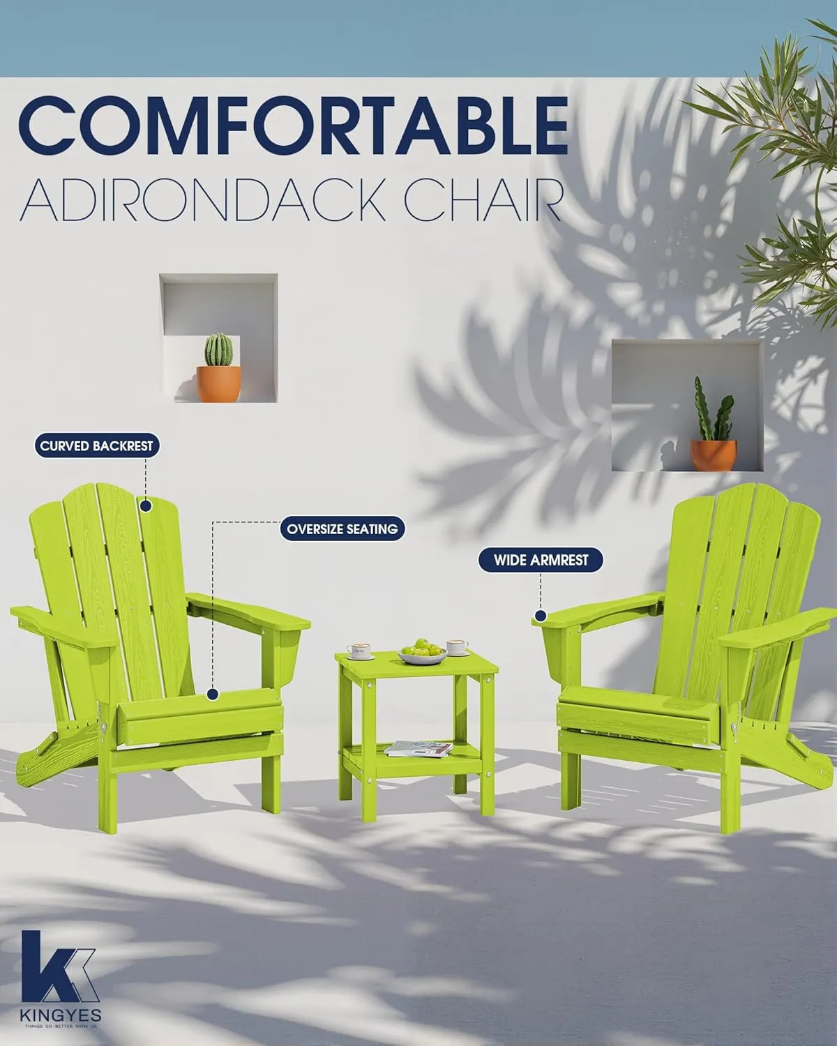 KINGYES Folding Adirondack Chair, HDPE All-Weather Patio Chairs, Wooden Textured Lawn Chair for Poolside, Backyard, Deck, Fire Pit, Apple