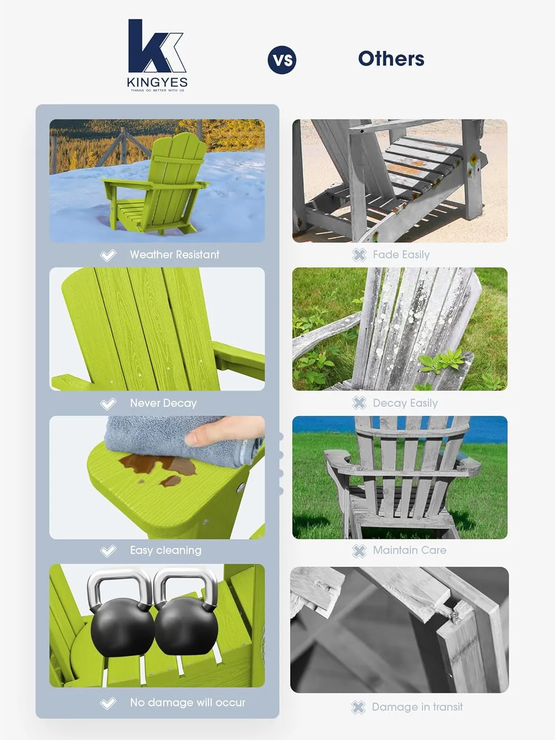 KINGYES Folding Adirondack Chair, HDPE All-Weather Patio Chairs, Wooden Textured Lawn Chair for Poolside, Backyard, Deck, Fire Pit, Apple