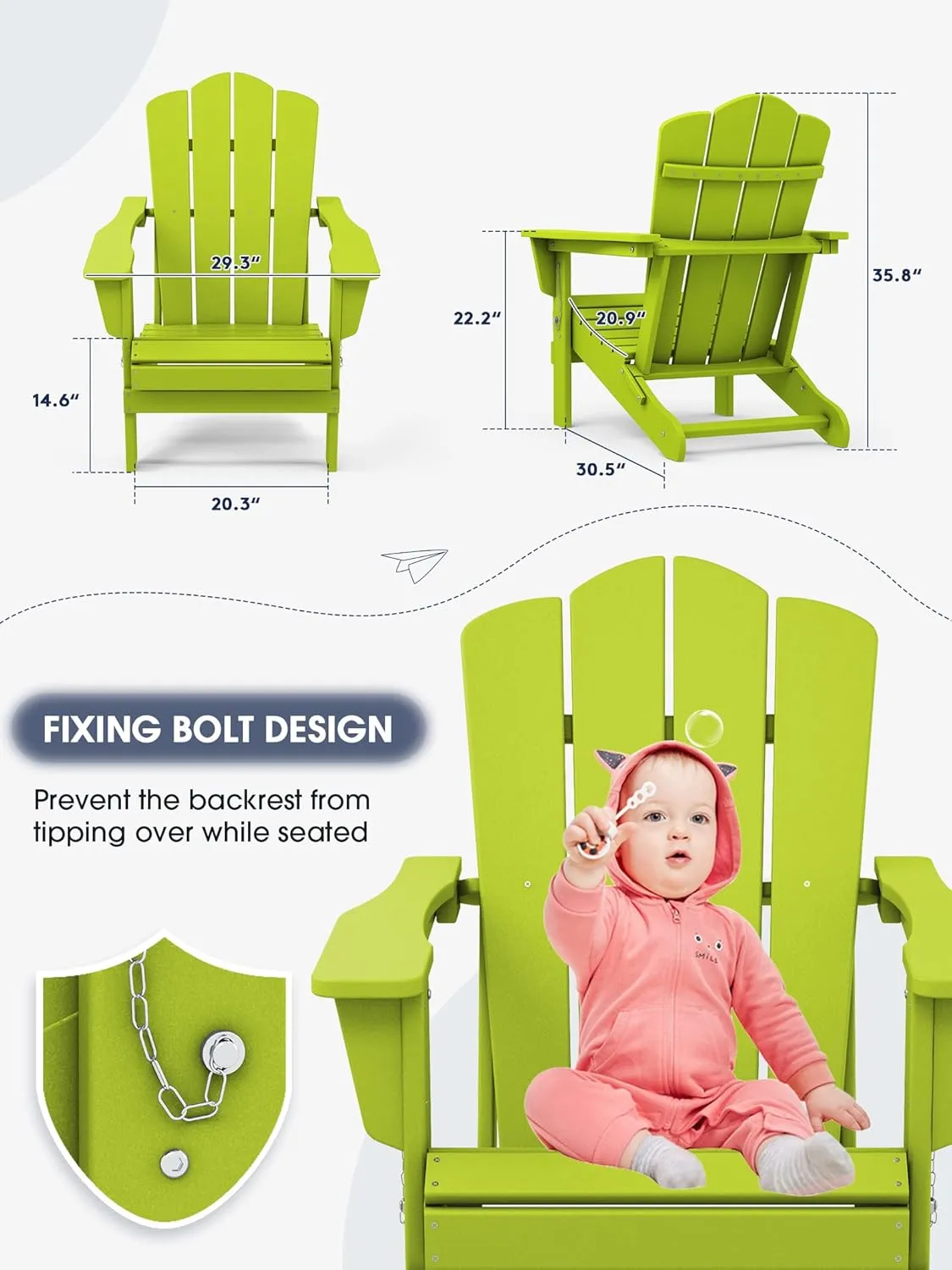 KINGYES Folding Adirondack Chair, HDPE All-Weather Patio Chairs, Wooden Textured Lawn Chair for Poolside, Backyard, Deck, Fire Pit, Apple