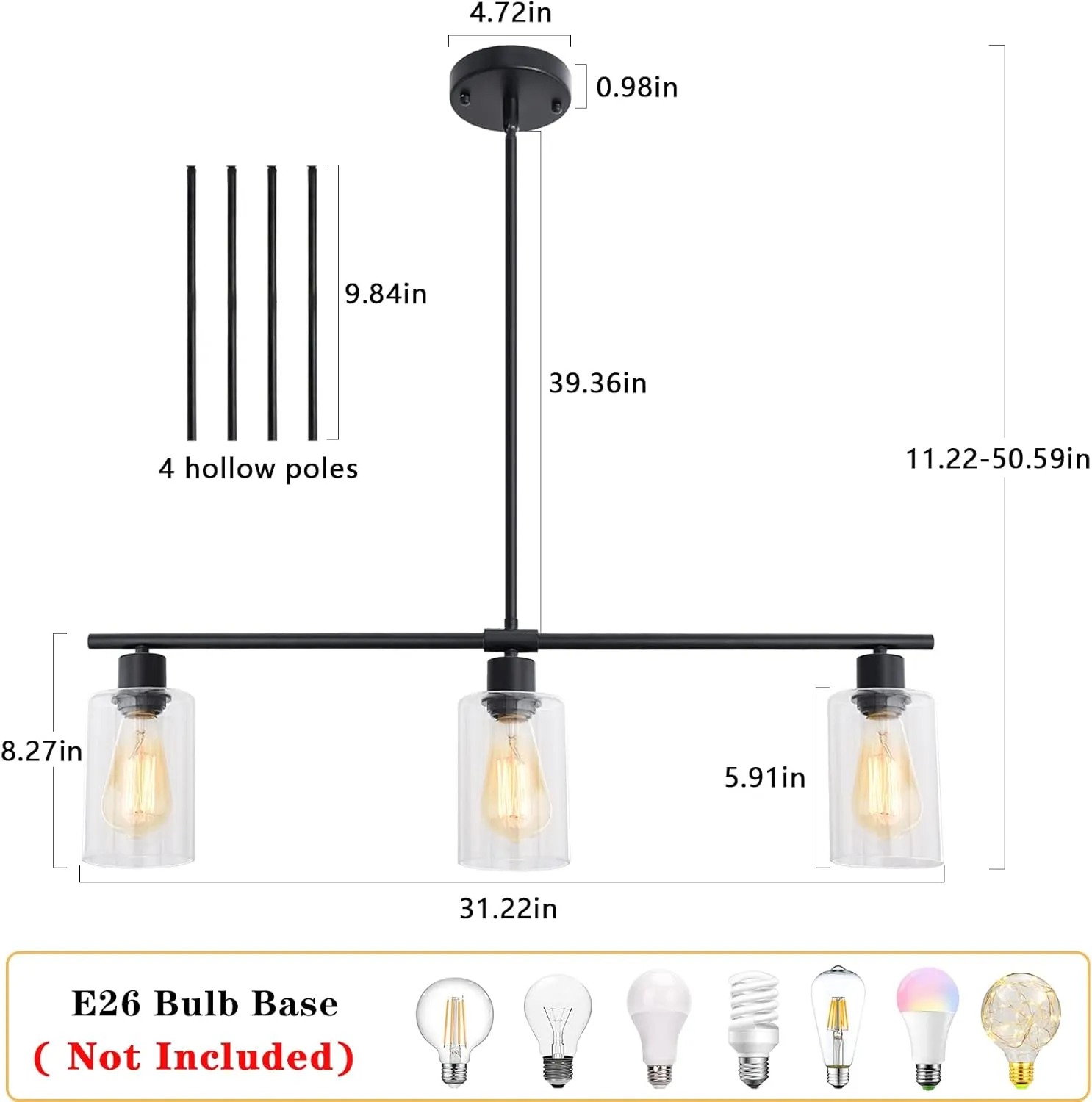 Kitchen Island Lighting 3-Light Rectangle Linear Pendant Lights Kitchen Island with Glass Shades Black Farmhouse Chandeliers for Dining Room Bar Living Room Bedroom Foyer