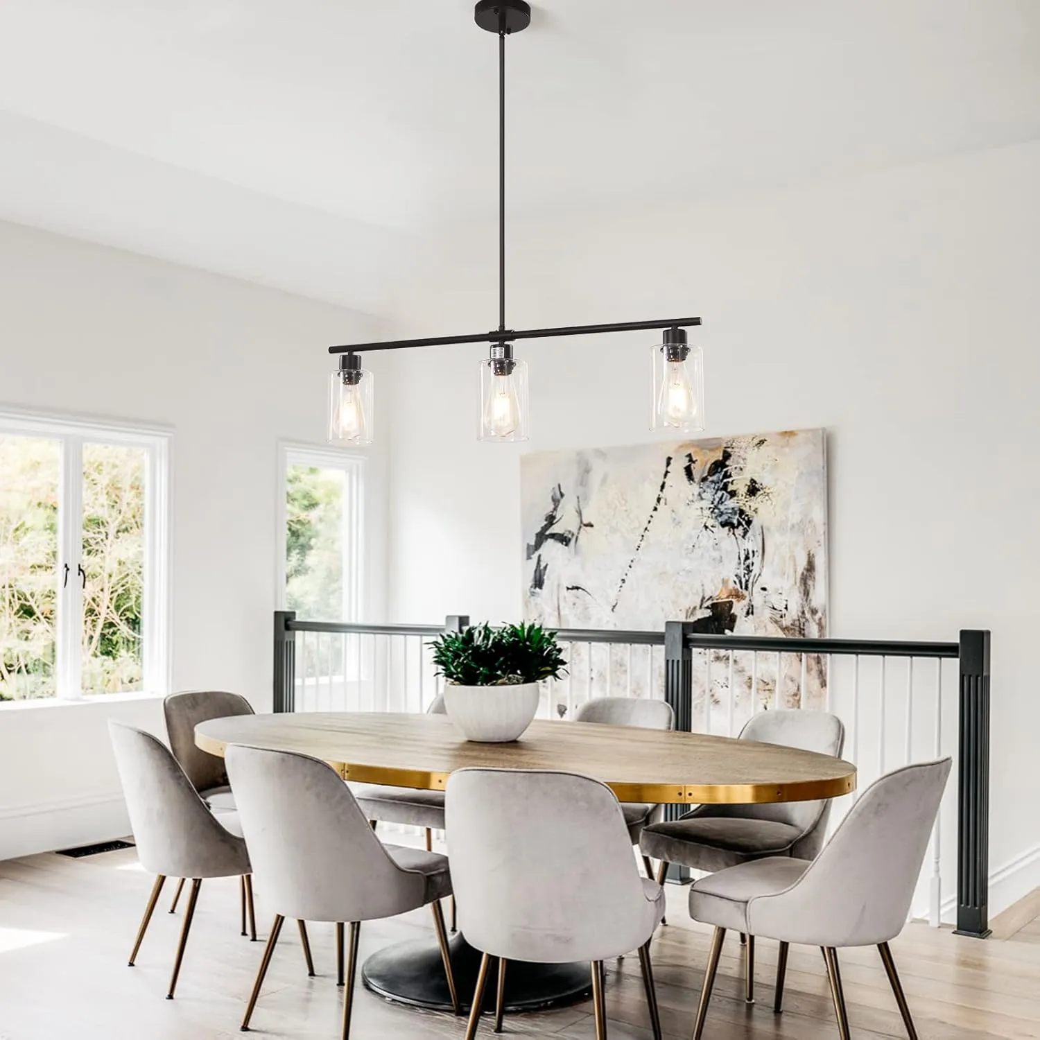 Kitchen Island Lighting 3-Light Rectangle Linear Pendant Lights Kitchen Island with Glass Shades Black Farmhouse Chandeliers for Dining Room Bar Living Room Bedroom Foyer