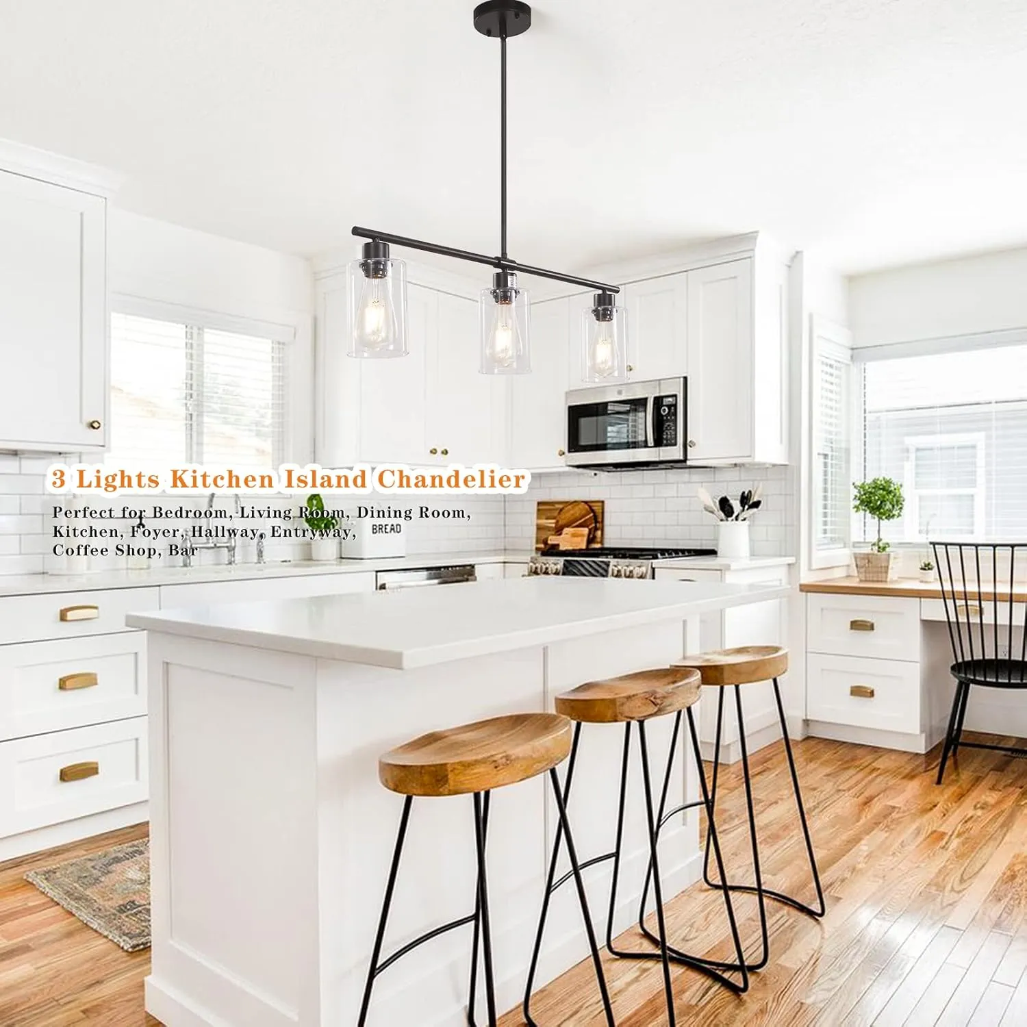 Kitchen Island Lighting 3-Light Rectangle Linear Pendant Lights Kitchen Island with Glass Shades Black Farmhouse Chandeliers for Dining Room Bar Living Room Bedroom Foyer