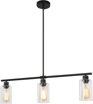 Kitchen Island Lighting 3-Light Rectangle Linear Pendant Lights Kitchen Island with Glass Shades Black Farmhouse Chandeliers for Dining Room Bar Living Room Bedroom Foyer
