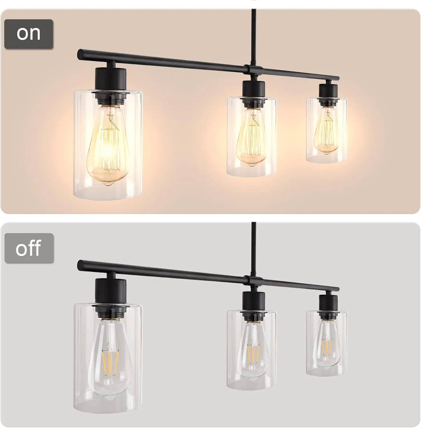 Kitchen Island Lighting 3-Light Rectangle Linear Pendant Lights Kitchen Island with Glass Shades Black Farmhouse Chandeliers for Dining Room Bar Living Room Bedroom Foyer