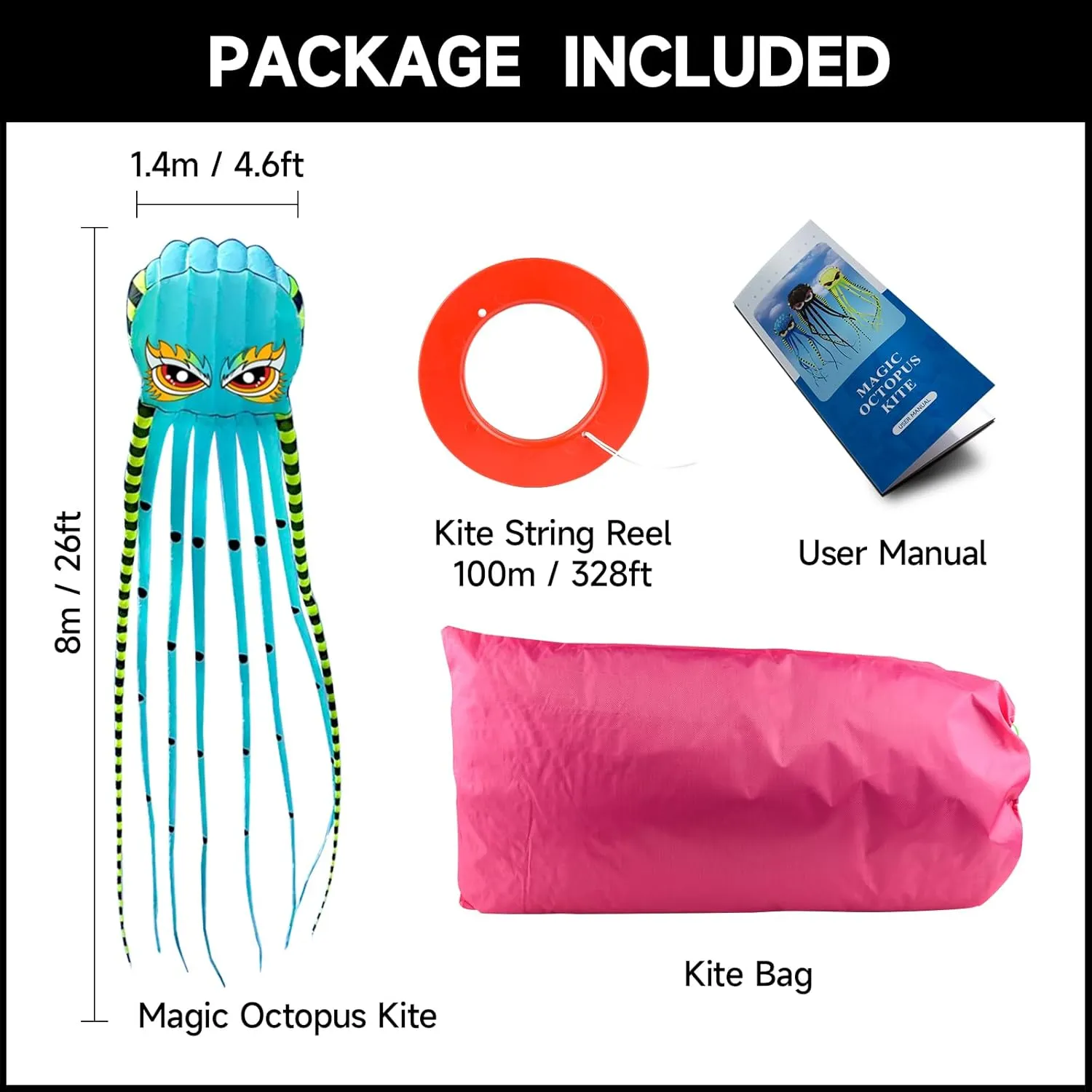 Kites for Adults Giant Octopus Kite 26ft for Outdoor Fun Large 3D Kite with Reel for Beach, Park, and Family Gatherings - Durable Design Easy to Fly