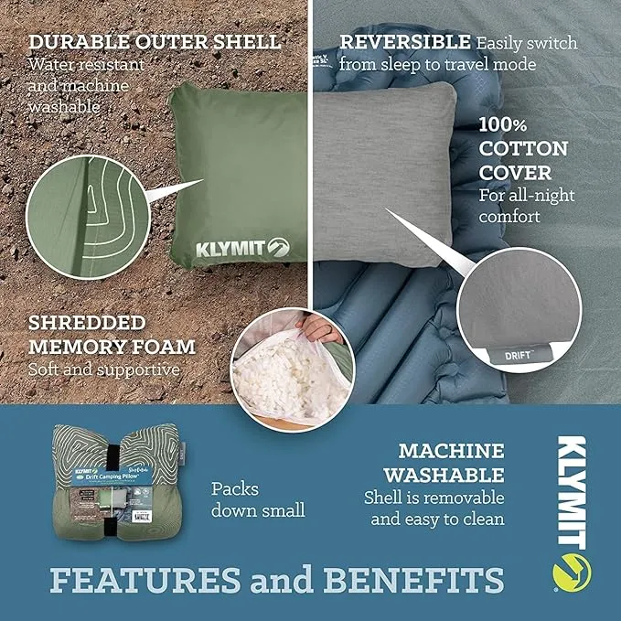 Klymit Drift Shredded Memory Foam Camping Pillow and Insulated Static V Inflatable Sleeping Pad Bundle for Outdoor Use
