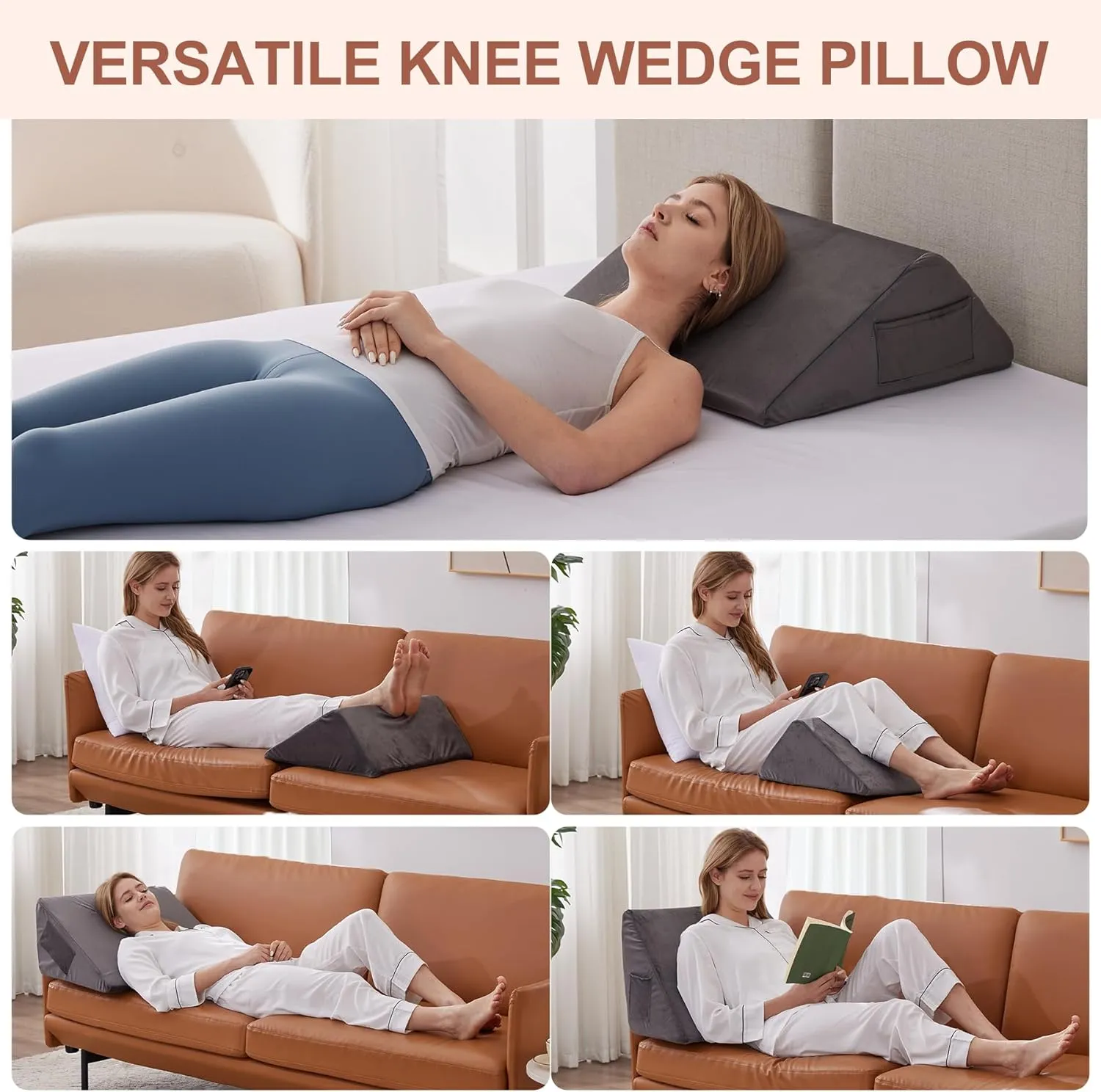 Knee Wedge Pillow, Memory Foam Leg Pillow Bed Wedge for Sleeping, Wedge Pillow for Legs Post Surgery, Triangle Pillow Wedge for Knee Support, Leg Elevation, Knee Hip Back Pain Relief, Short Plush