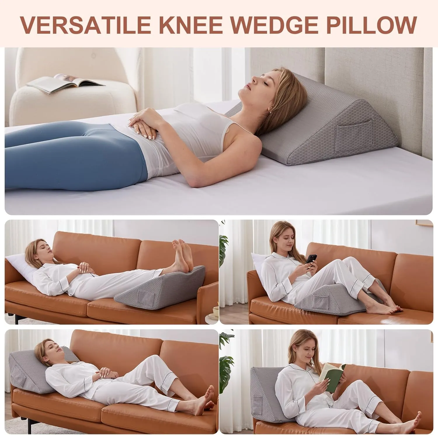 Knee Wedge Pillow, Memory Foam Leg Pillow Knee Pillow for Back Sleeping, Wedge Pillows for Legs Post Surgery, Triangle Pillow for Knee Support, Leg Elevation, Knees Hip Back Pain Relief, Grey