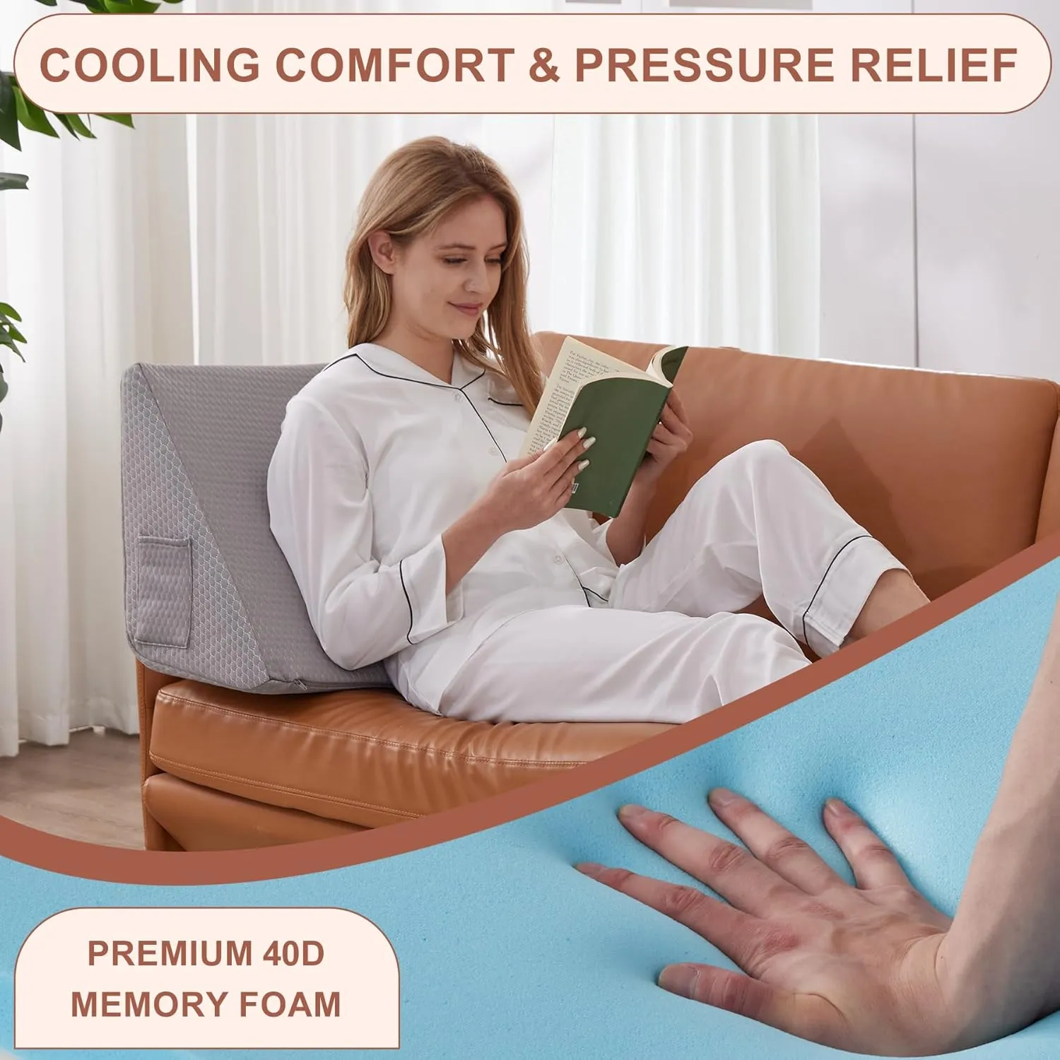 Knee Wedge Pillow, Memory Foam Leg Pillow Knee Pillow for Back Sleeping, Wedge Pillows for Legs Post Surgery, Triangle Pillow for Knee Support, Leg Elevation, Knees Hip Back Pain Relief, Grey