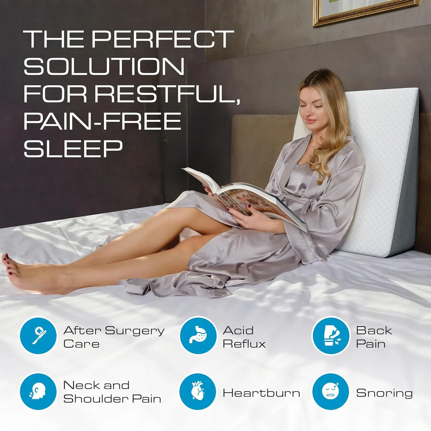 Kolbs Bed Wedge Pillow for Sleep Apnea, Sleeping Comfort, Relaxing, Acid Reflux, Heartburn and Back Pain Relief. Cushion for Sitting Up in Bed. Memory Foam Top, Chic Jacquard Washable Cover.