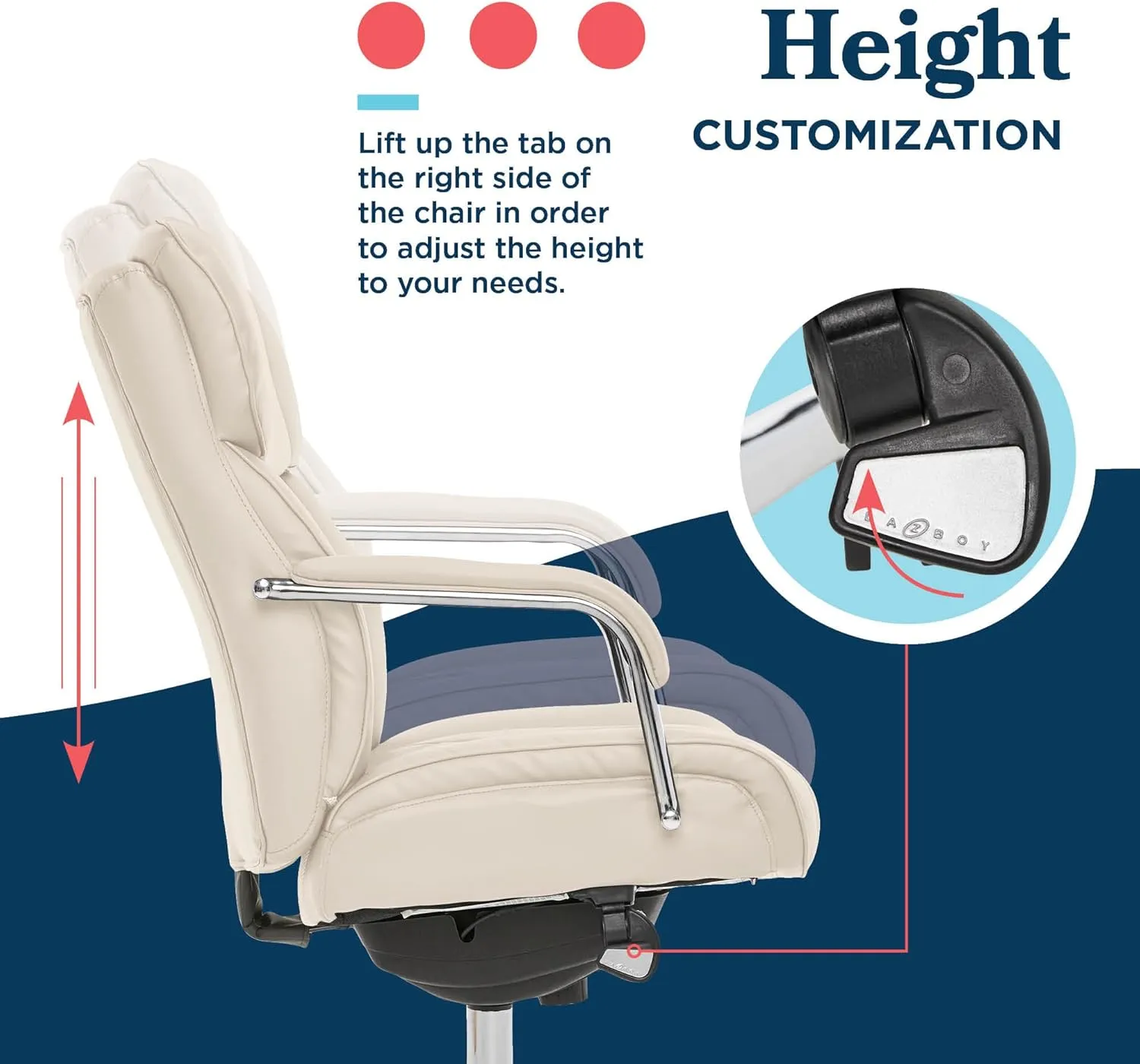 La-Z-Boy Sutherland Quilted Leather Executive Office Chair with Padded Arms, High Back Ergonomic Desk Chair with Lumbar Support, Ivory White Bonded Leather