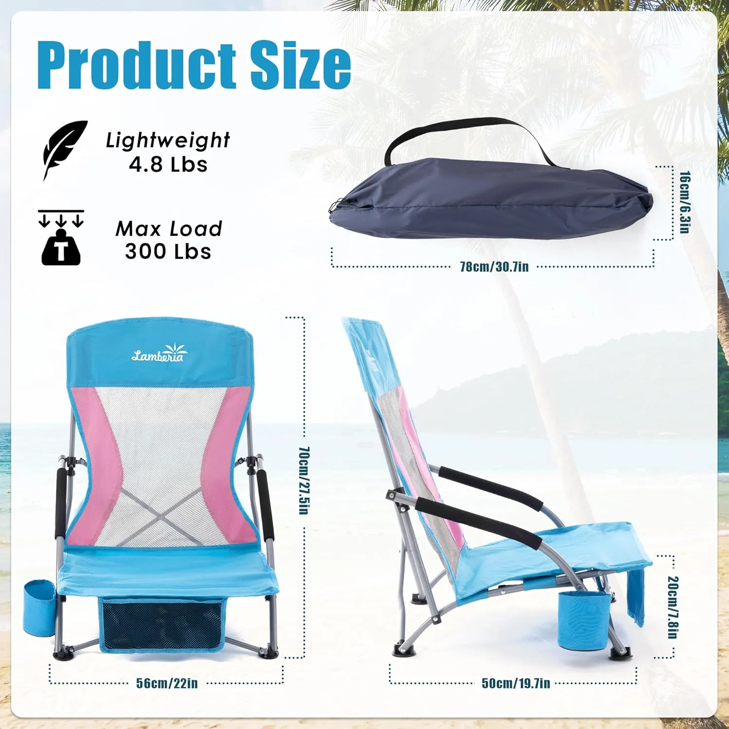 Lamberia Folding Beach Chair for Adults 2 Pack, Portable Low Beach Chairs with 300lbs Capacity, Lightweight Fodable Camping Chair for Travel, Picnic, Concert & Outdoor Activities, Blue-Pink