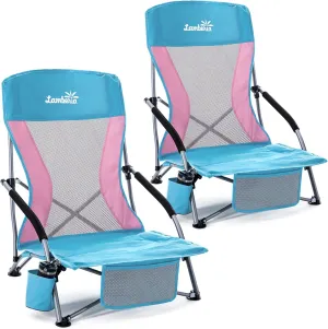 Lamberia Folding Beach Chair for Adults 2 Pack, Portable Low Beach Chairs with 300lbs Capacity, Lightweight Fodable Camping Chair for Travel, Picnic, Concert & Outdoor Activities, Blue-Pink