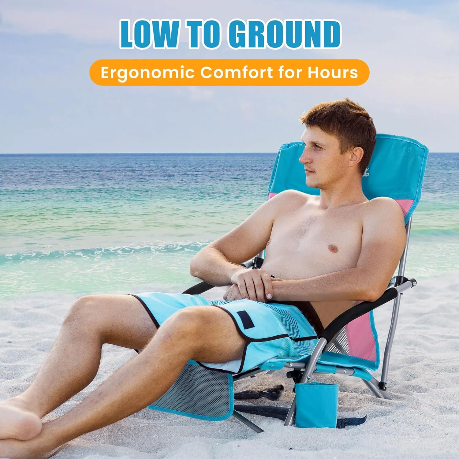 Lamberia Folding Beach Chair for Adults 2 Pack, Portable Low Beach Chairs with 300lbs Capacity, Lightweight Fodable Camping Chair for Travel, Picnic, Concert & Outdoor Activities, Blue-Pink