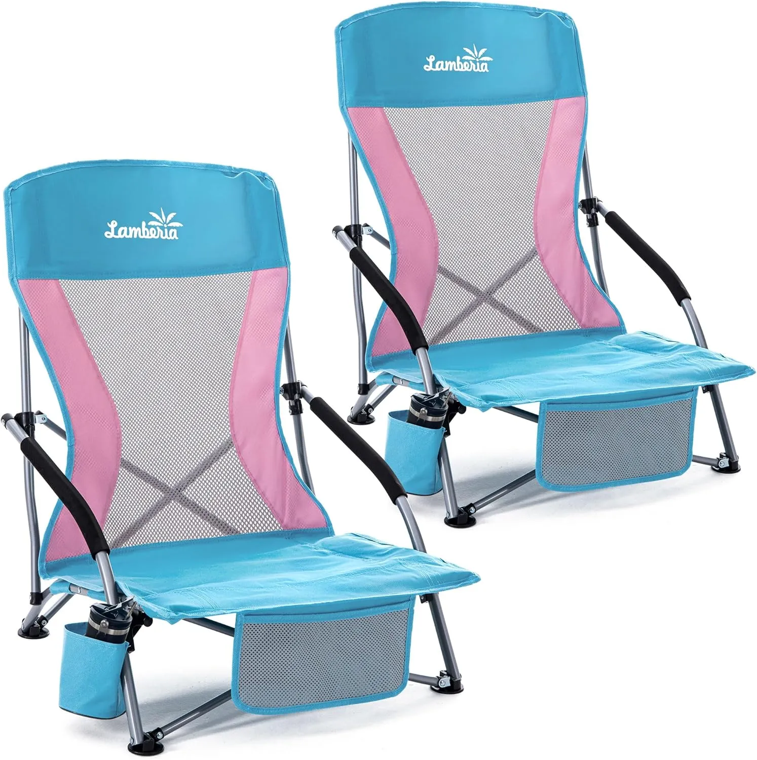 Lamberia Folding Beach Chair for Adults 2 Pack, Portable Low Beach Chairs with 300lbs Capacity, Lightweight Fodable Camping Chair for Travel, Picnic, Concert & Outdoor Activities, Blue-Pink
