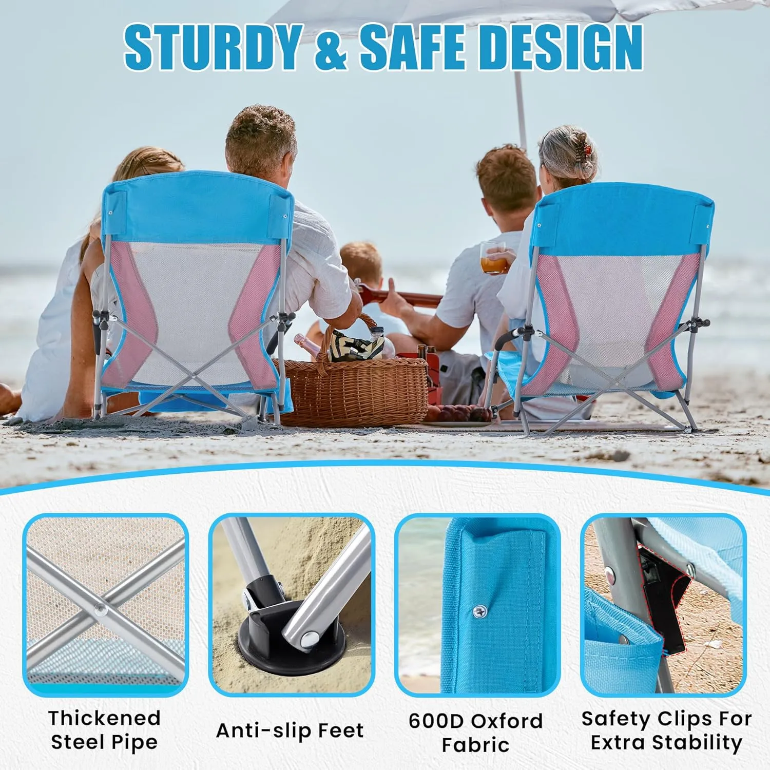 Lamberia Folding Beach Chair for Adults 2 Pack, Portable Low Beach Chairs with 300lbs Capacity, Lightweight Fodable Camping Chair for Travel, Picnic, Concert & Outdoor Activities, Blue-Pink