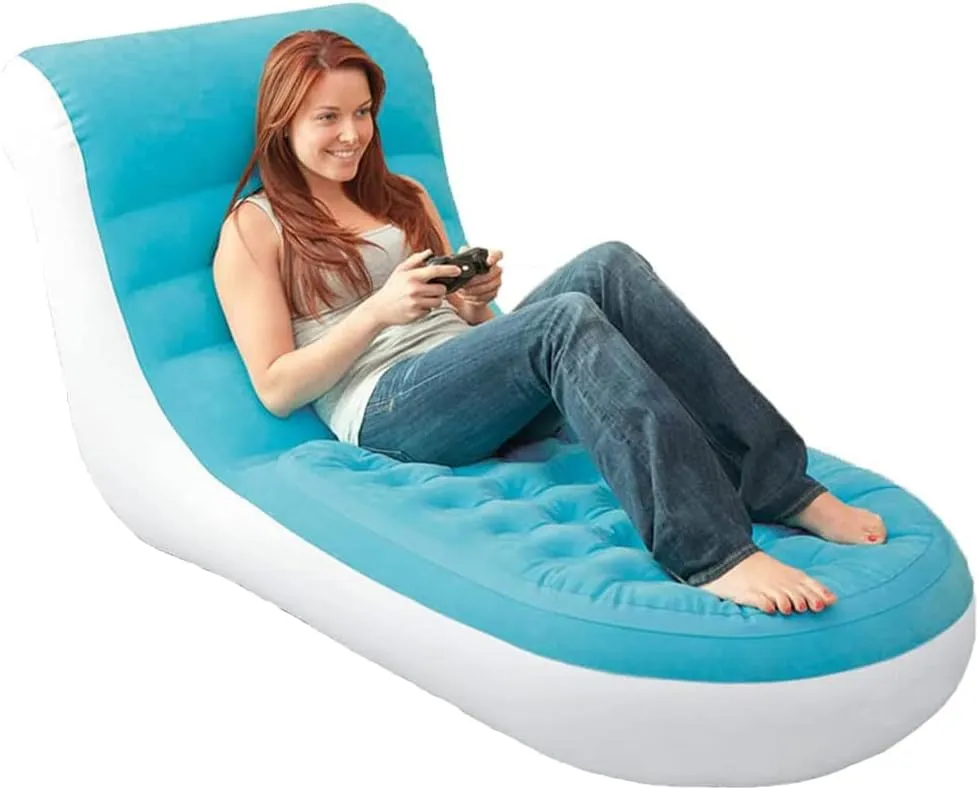 LANGWEI Camping Chair, Portable Flocking Air Couch with Backrest, Blue Blow Up Adult Lounger Recliner Sofa for Outdoor Home Garden Furniture
