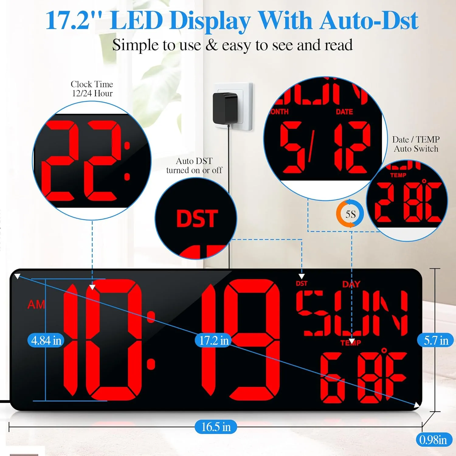 Large Digital Wall Clock with Remote Control 17.2" LED Large Display Timer with Temperature Date Week Auto DST Adjustable Brightness, Big Wall Alarm Clock for Living Room Office Garage Gym Seniors