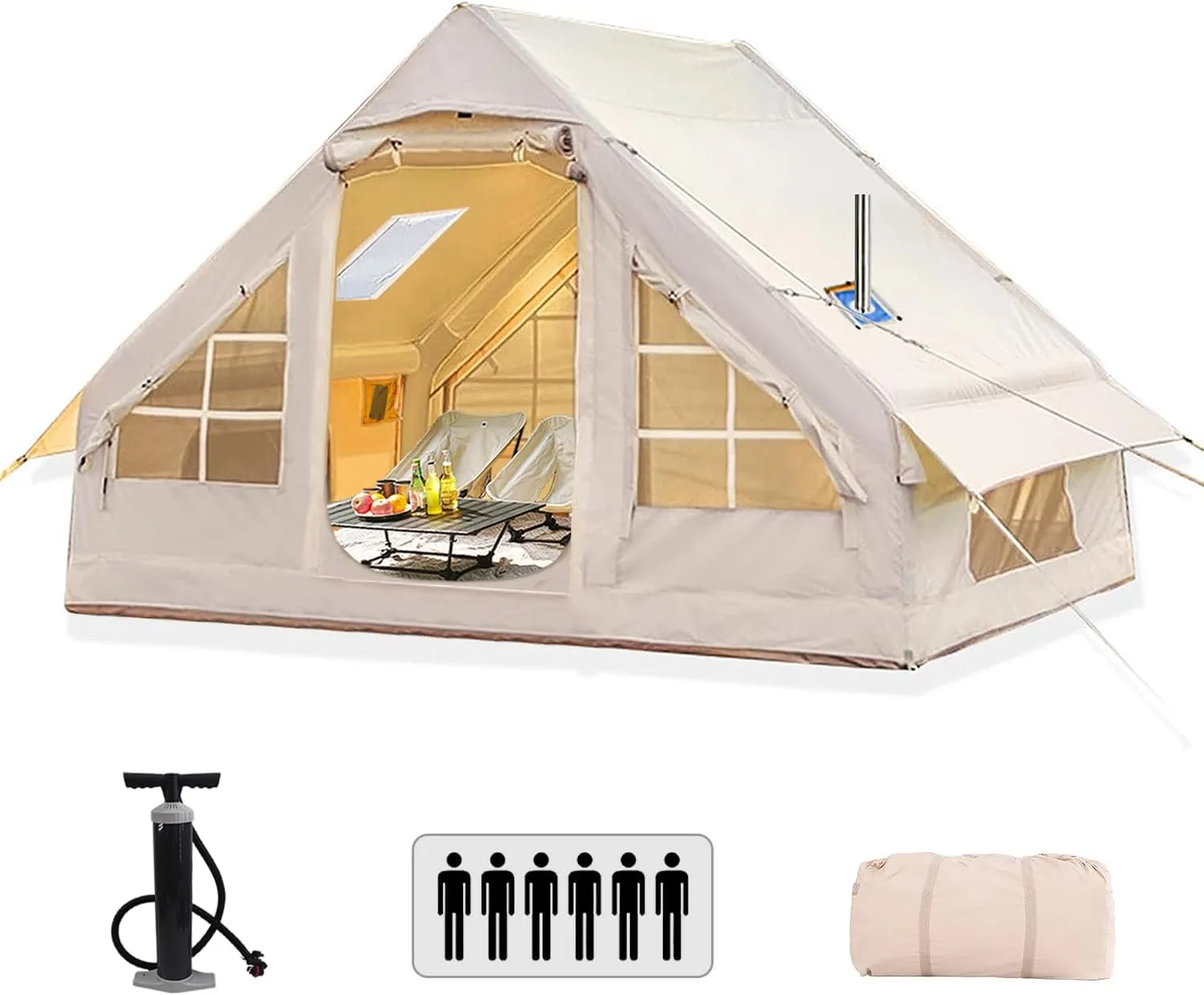 Large Inflatable Tent, 4-6 Person Glamping Tents with Mesh Windows, Transparent Skylight & Stove Jack, Easy Setup 4 Season Waterproof, Family Tents for Camping, Blow Up Tent with Hand Pump