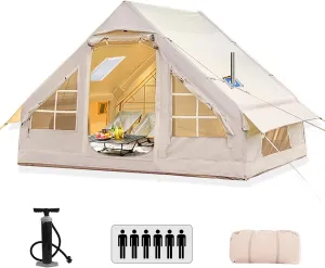 Large Inflatable Tent, 4-6 Person Glamping Tents with Mesh Windows, Transparent Skylight & Stove Jack, Easy Setup 4 Season Waterproof, Family Tents for Camping, Blow Up Tent with Hand Pump