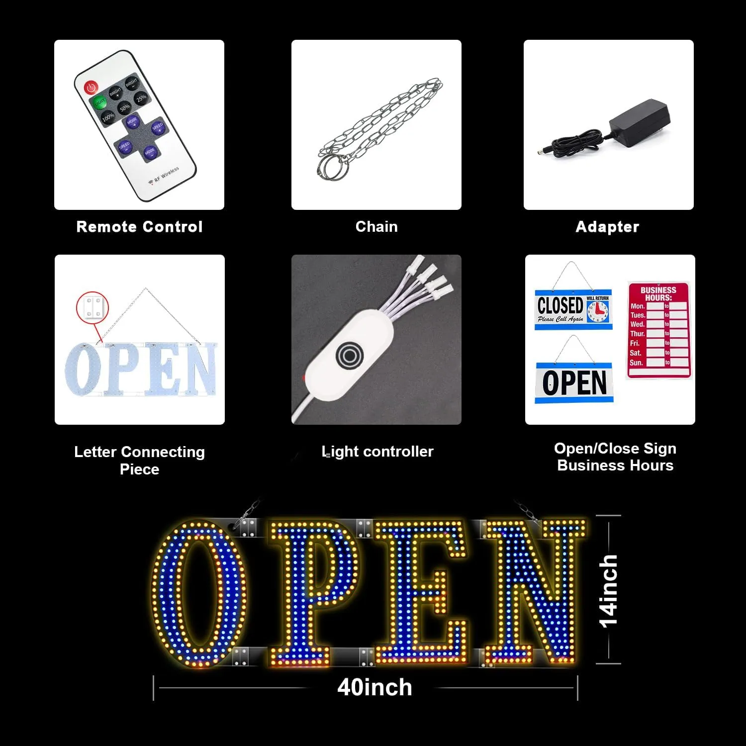 Large LED Open Sign 40"x 14" for Business, Ultra Bright Open LED Sign Light Up Sign, Open Display Sign Flashing Light for Walls Window Shop Bar Hotel（Flash Yellow & Blue)