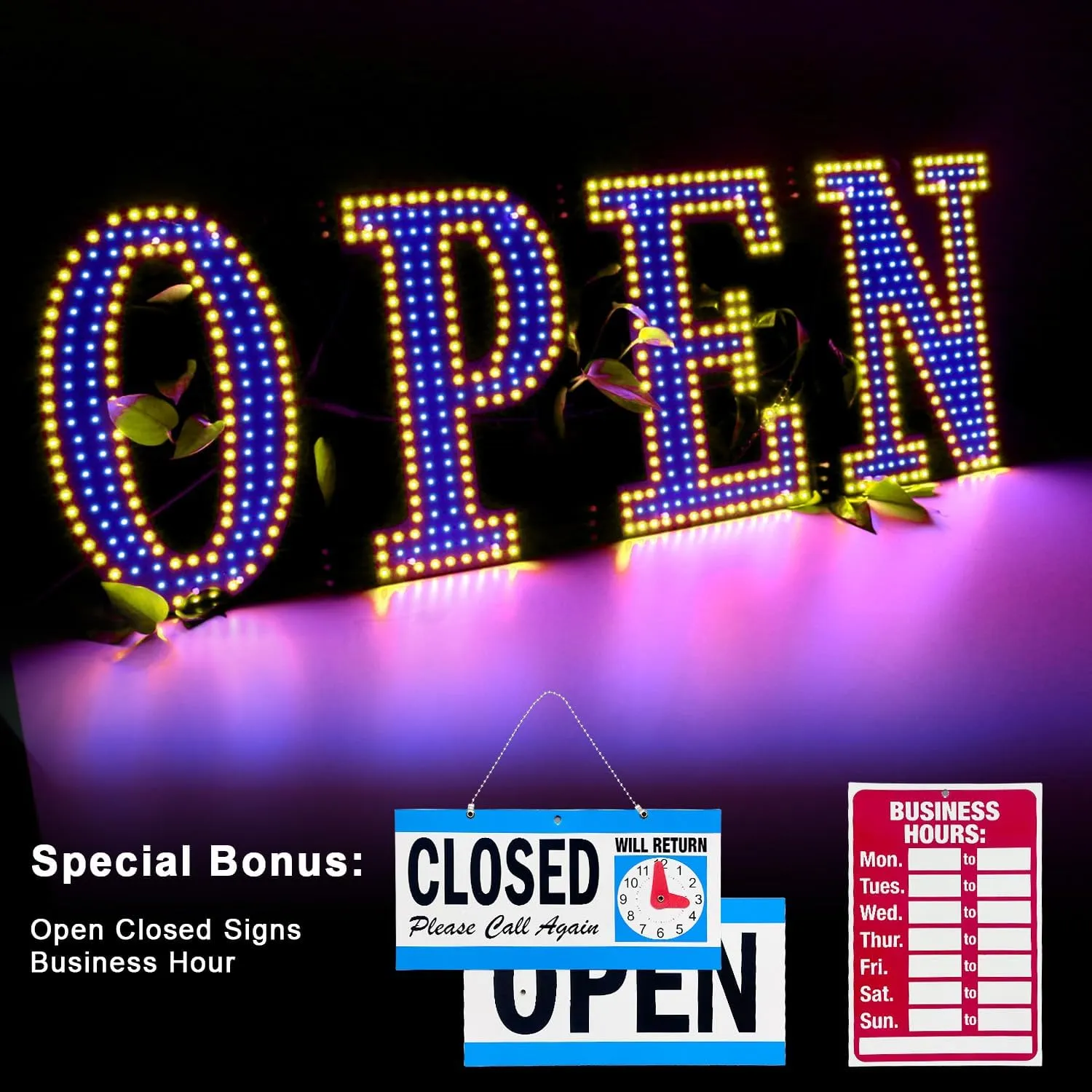 Large LED Open Sign 40"x 14" for Business, Ultra Bright Open LED Sign Light Up Sign, Open Display Sign Flashing Light for Walls Window Shop Bar Hotel（Flash Yellow & Blue)