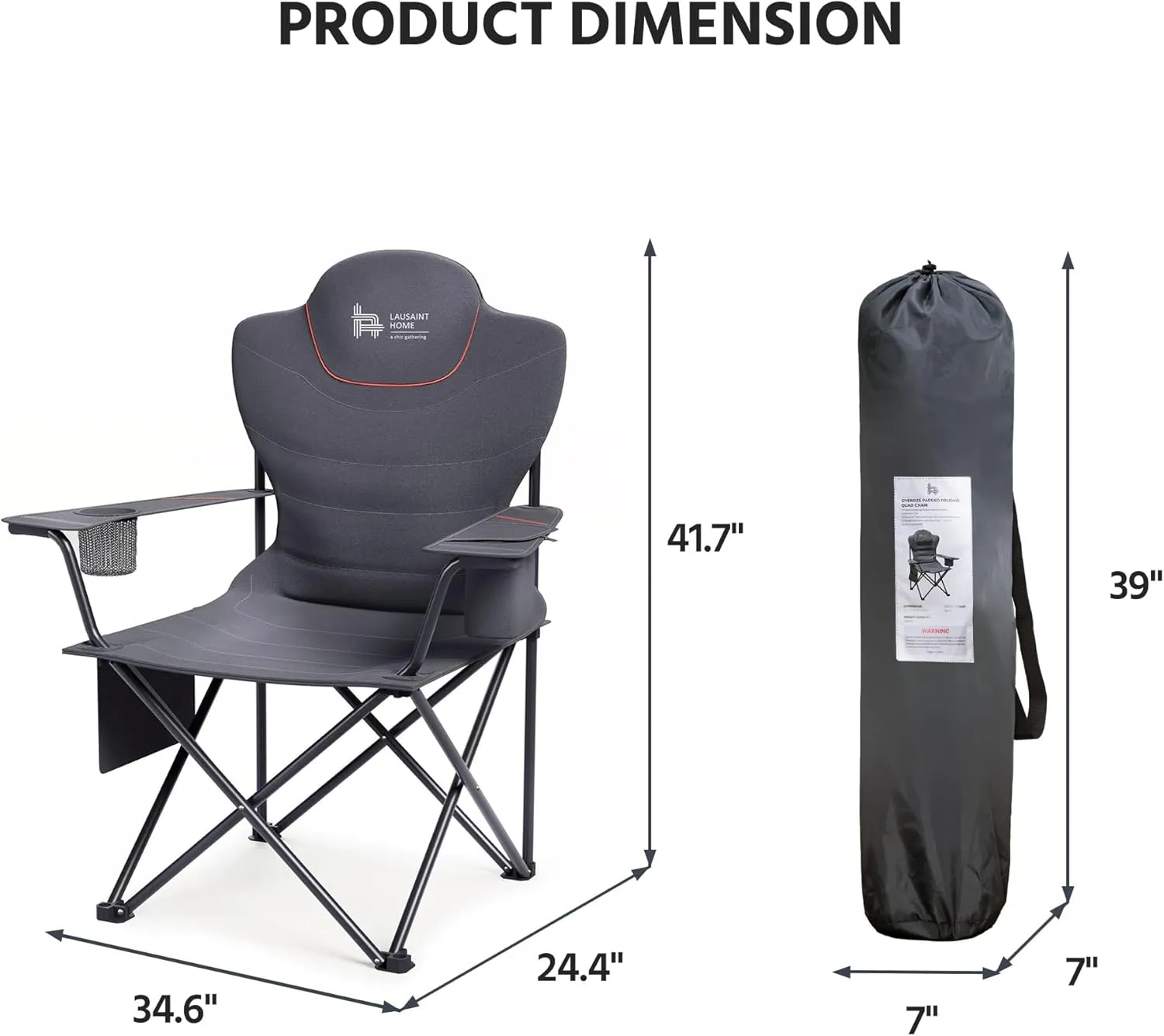 LAUSAINT HOME Portable Camping Chair 2 Pack, Full Padded Folding Chair Support 300 LBS, Heavy Duty Lawn Chair with Cup Holder, Cooler Bag, Storage Pocket, Lumbar Support, Head Pocket(Grey)