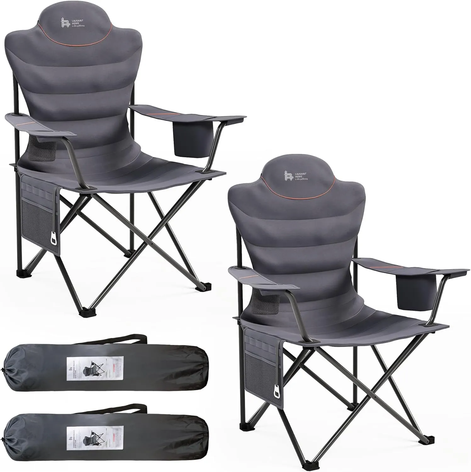 LAUSAINT HOME Portable Camping Chair 2 Pack, Full Padded Folding Chair Support 300 LBS, Heavy Duty Lawn Chair with Cup Holder, Cooler Bag, Storage Pocket, Lumbar Support, Head Pocket(Grey)