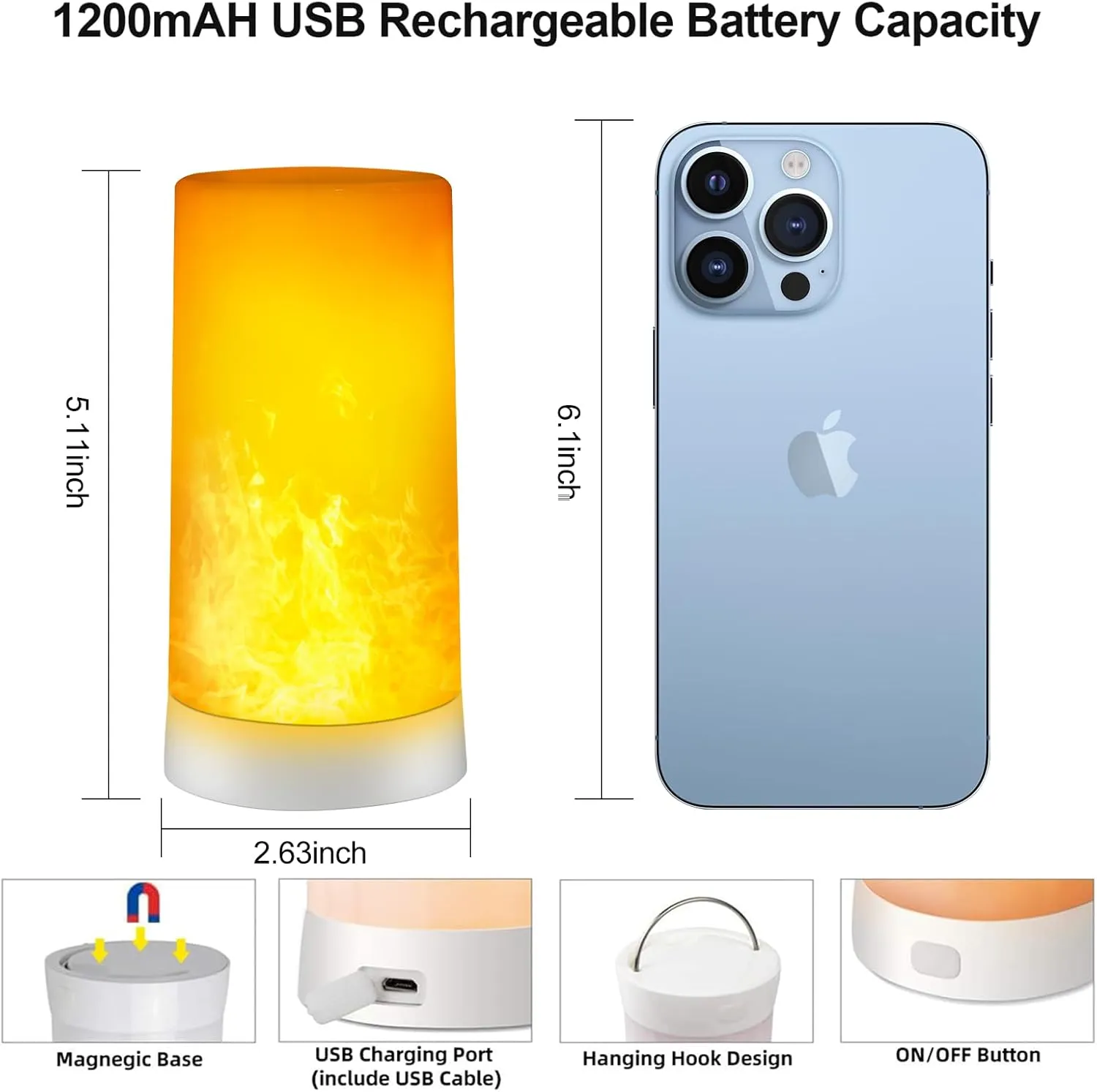 LED Flame Effect Light, Upgraded Flame Lamp 4 Modes USB Rechargeable Fire Lights with Remote & Timer, Waterproof Pillar Flickering Lanterns for Bathroom Patio Wedding Halloween Home Decor 2 Pack