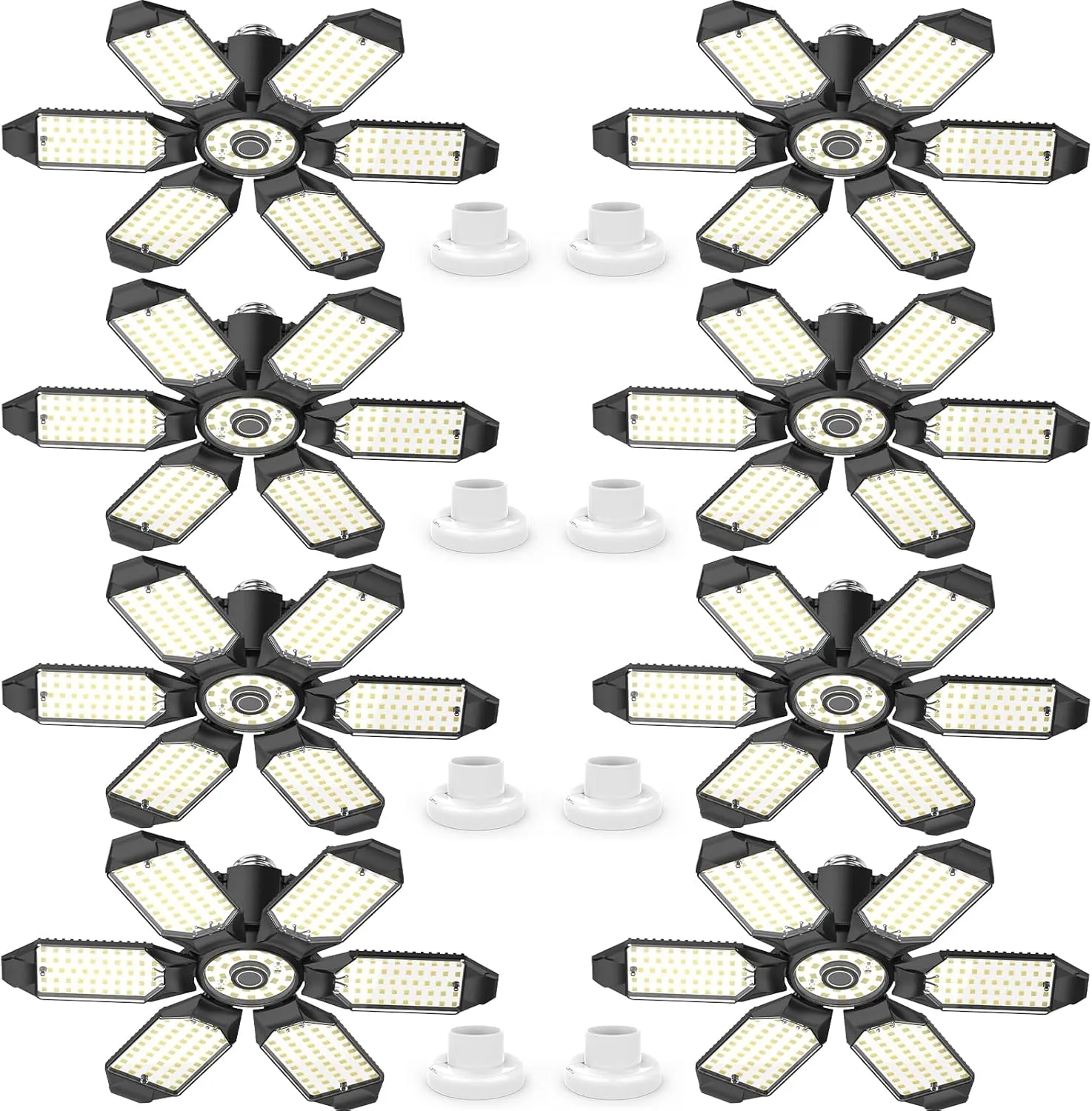 Led Garage Lights 8 Pack 200W Super Bright Ceiling Led Shop Lights, E26/E27 Base, 6500K, 22000LM Deformable Garage Light Ideal for Basement, Attic and Workshop