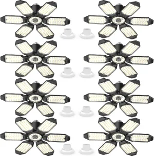 Led Garage Lights 8 Pack 200W Super Bright Ceiling Led Shop Lights, E26/E27 Base, 6500K, 22000LM Deformable Garage Light Ideal for Basement, Attic and Workshop