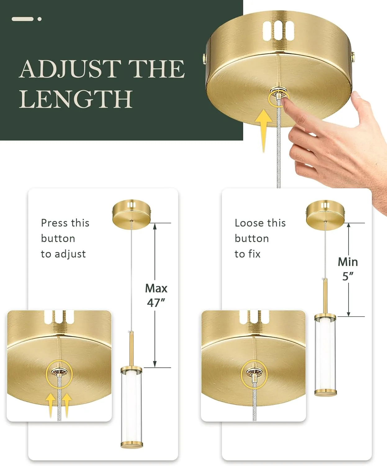 LED Glass Modern Pendant Lights, Polished Gold Cylinder Pendant Lights Kitchen Island, 10W 3000K/6000K Adjustable Hanging Light Fixture for Dining Room Bedroom Hallway Entryway, PL5570-1P-BB