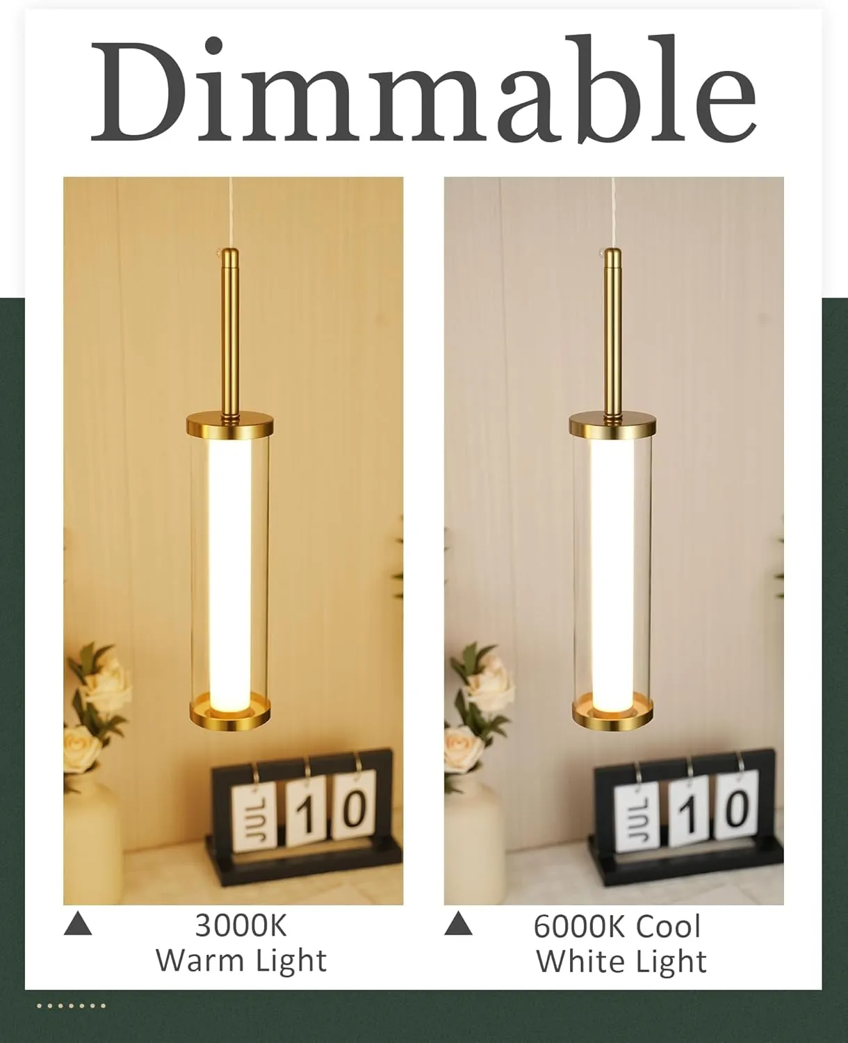 LED Glass Modern Pendant Lights, Polished Gold Cylinder Pendant Lights Kitchen Island, 10W 3000K/6000K Adjustable Hanging Light Fixture for Dining Room Bedroom Hallway Entryway, PL5570-1P-BB